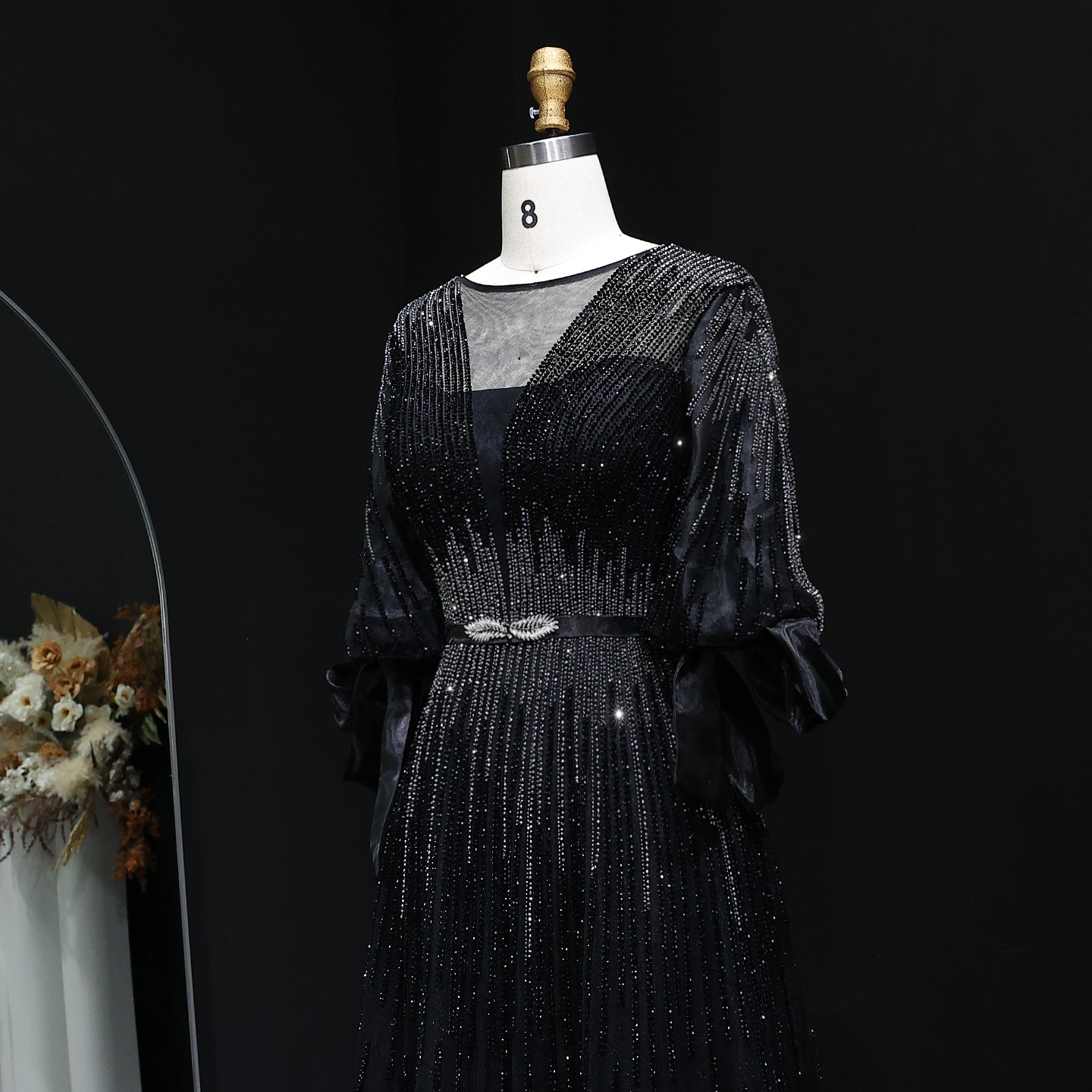 Luxury Crystal Yellow Plus Size Women Evening Dress with Sleeves SS059