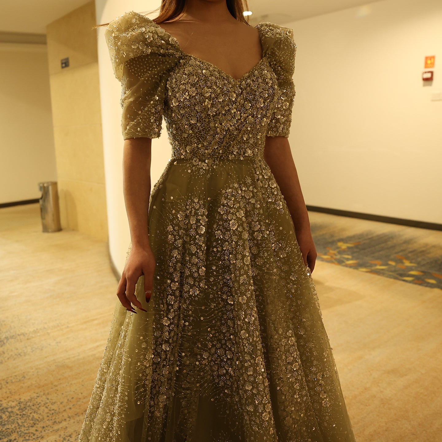 Glitter Lime Green Puffle Sleeve Evening Dress SS155