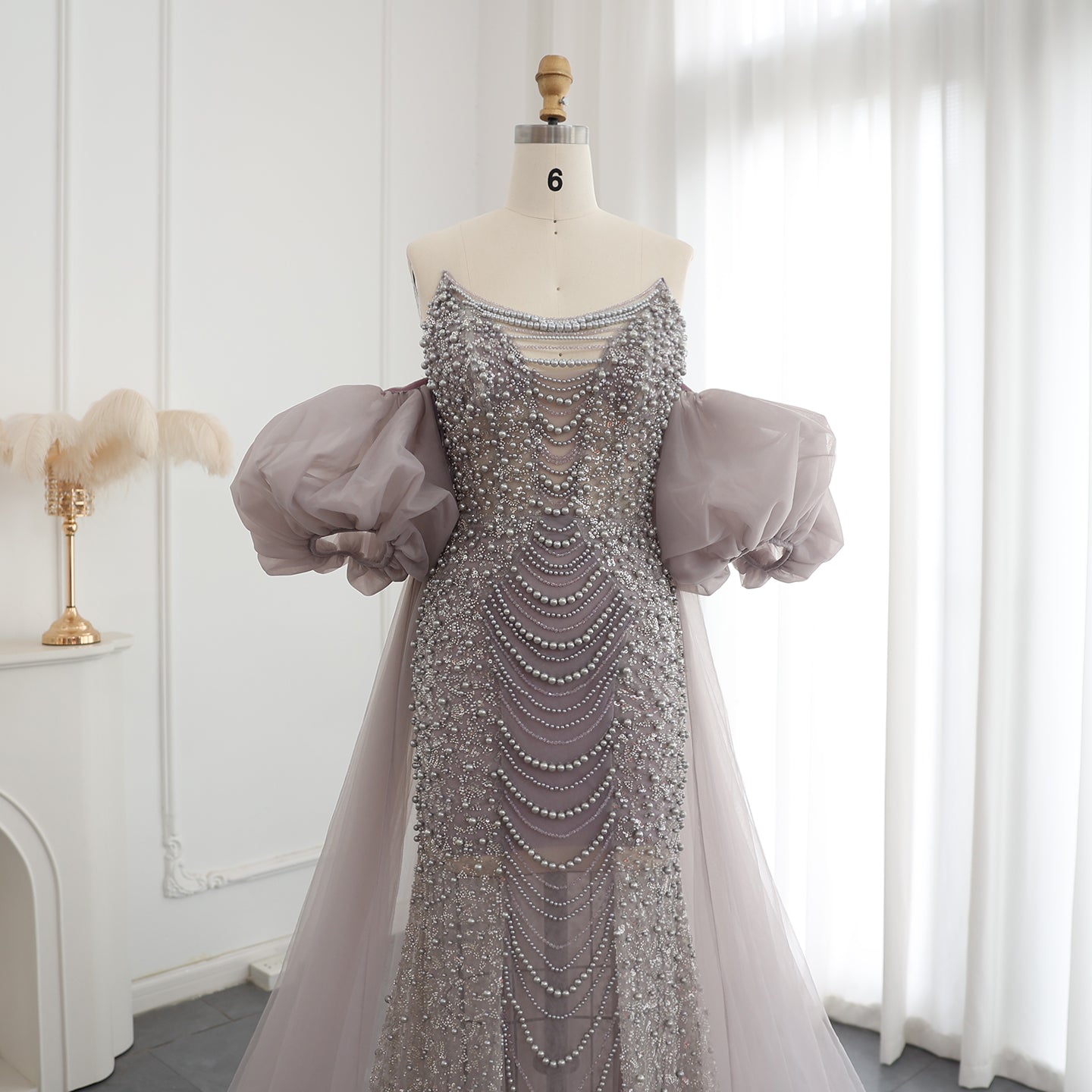 Luxury Pearls Tassel Purple Evening Dress with Cape SS199