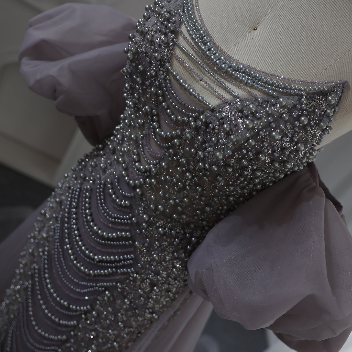 Luxury Pearls Tassel Purple Evening Dress with Cape SS199