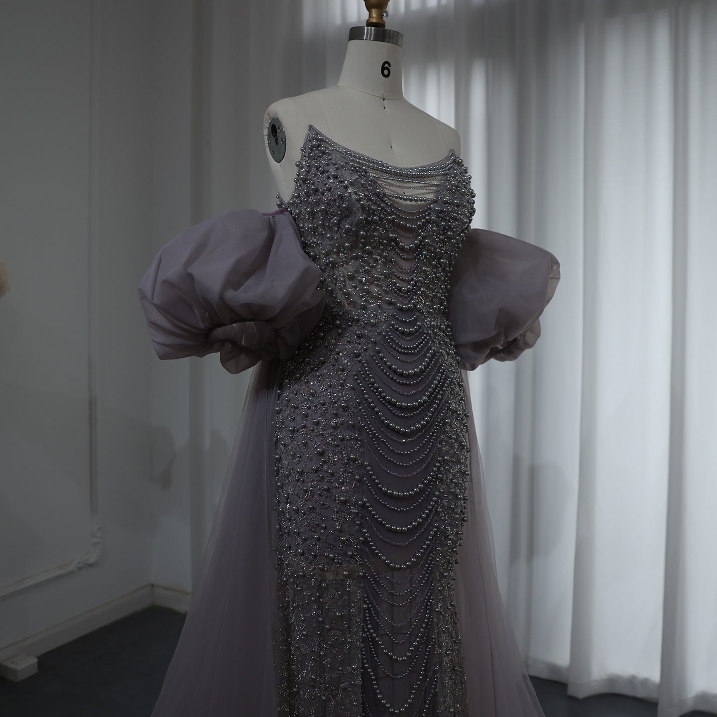 Luxury Pearls Tassel Purple Evening Dress with Cape SS199