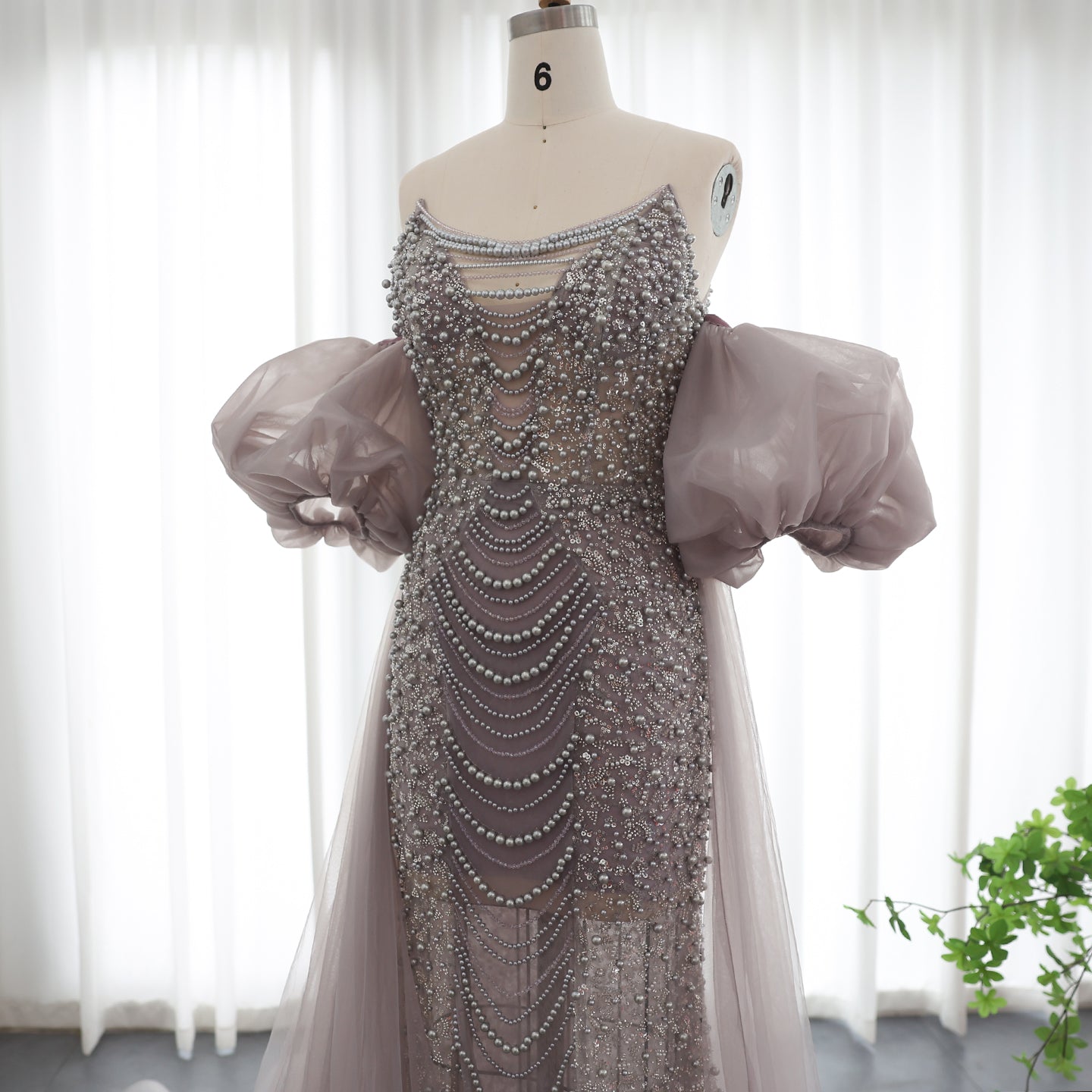 Luxury Pearls Tassel Purple Evening Dress with Cape SS199