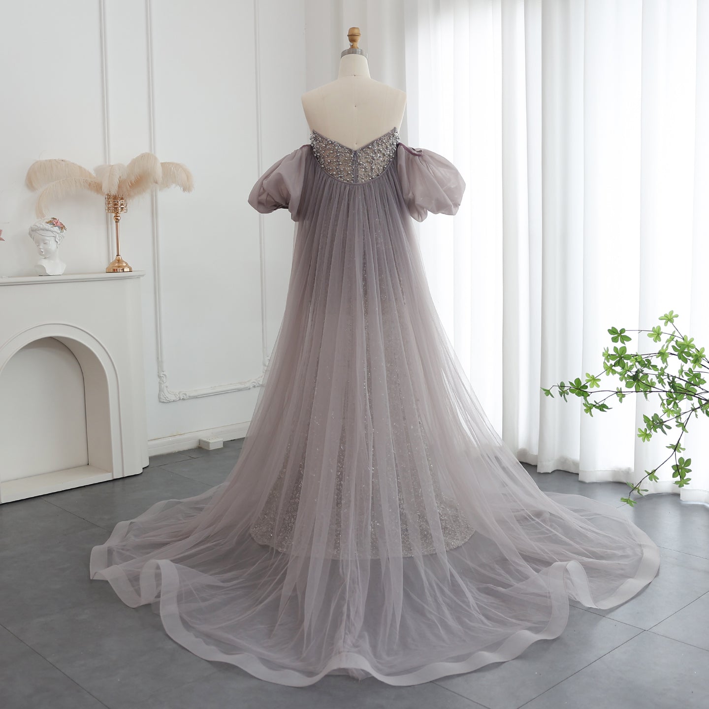 Luxury Pearls Tassel Purple Evening Dress with Cape SS199