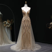 Luxury Champagne Beaded Mermaid Evening Dress with Overskirt SS068  Champagne / US 18