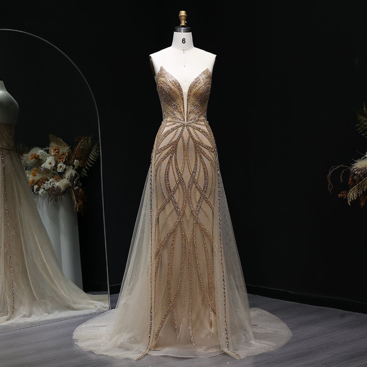 Luxury Champagne Beaded Mermaid Evening Dress with Overskirt SS068  Champagne / US 18