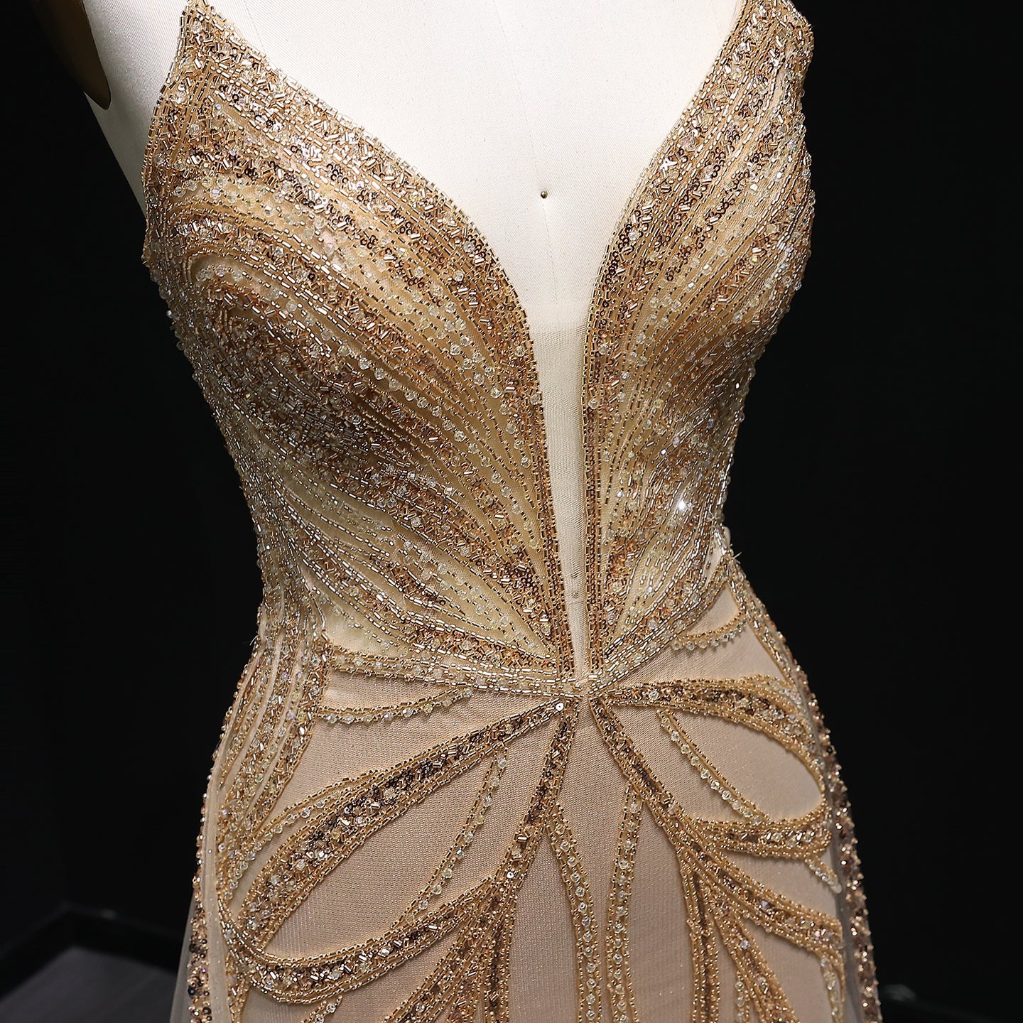 Luxury Champagne Beaded Mermaid Evening Dress with Overskirt SS068