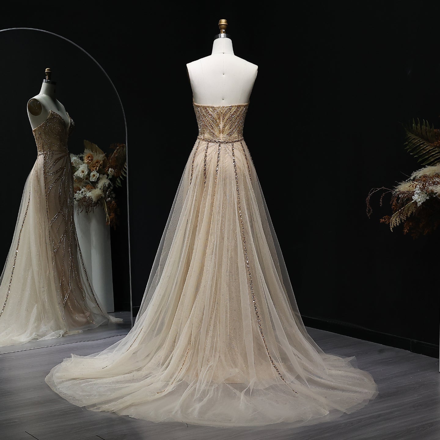 Luxury Champagne Beaded Mermaid Evening Dress with Overskirt SS068