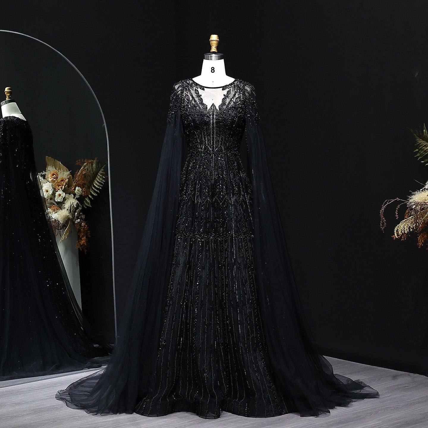 Luxury Blue Evening Dress with Cape Sleeves SS001  Black / US 20