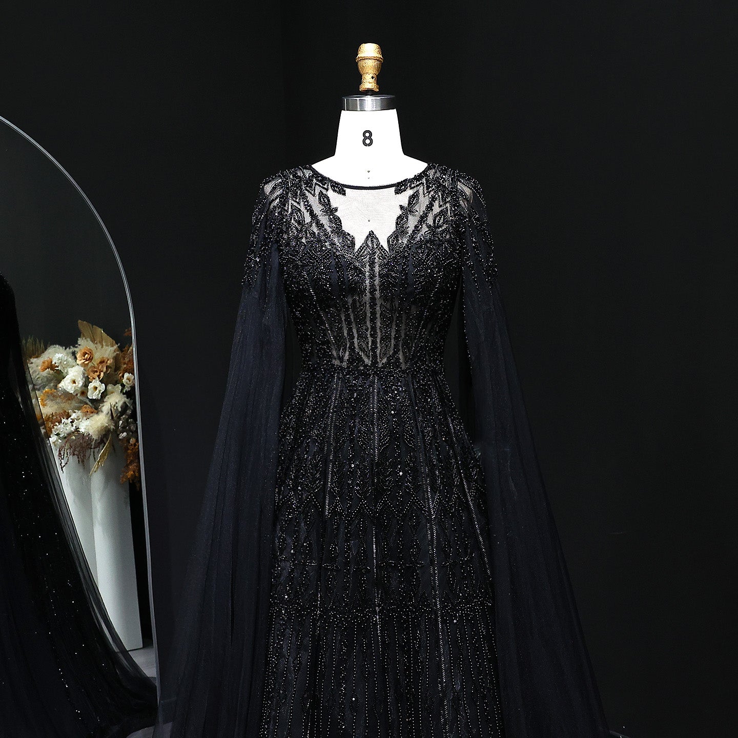 Luxury Blue Evening Dress with Cape Sleeves SS001