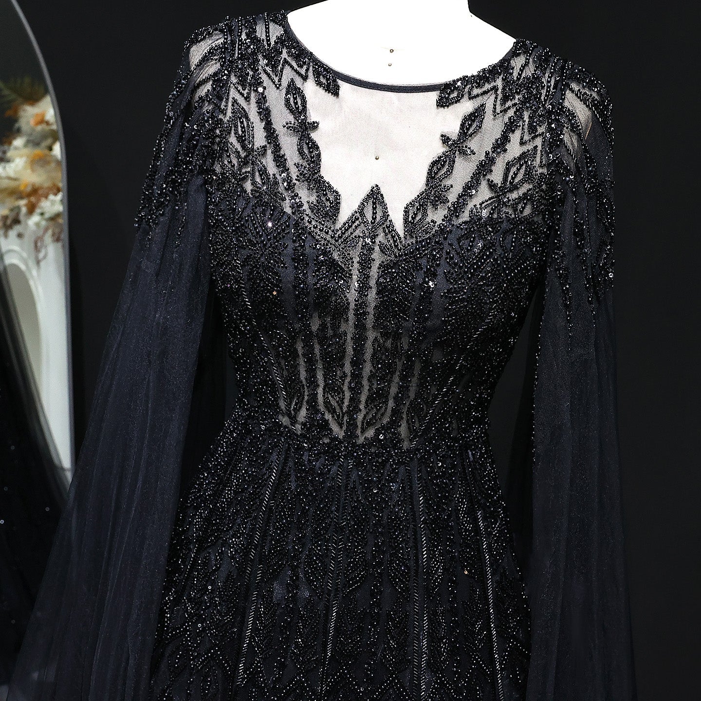 Luxury Blue Evening Dress with Cape Sleeves SS001