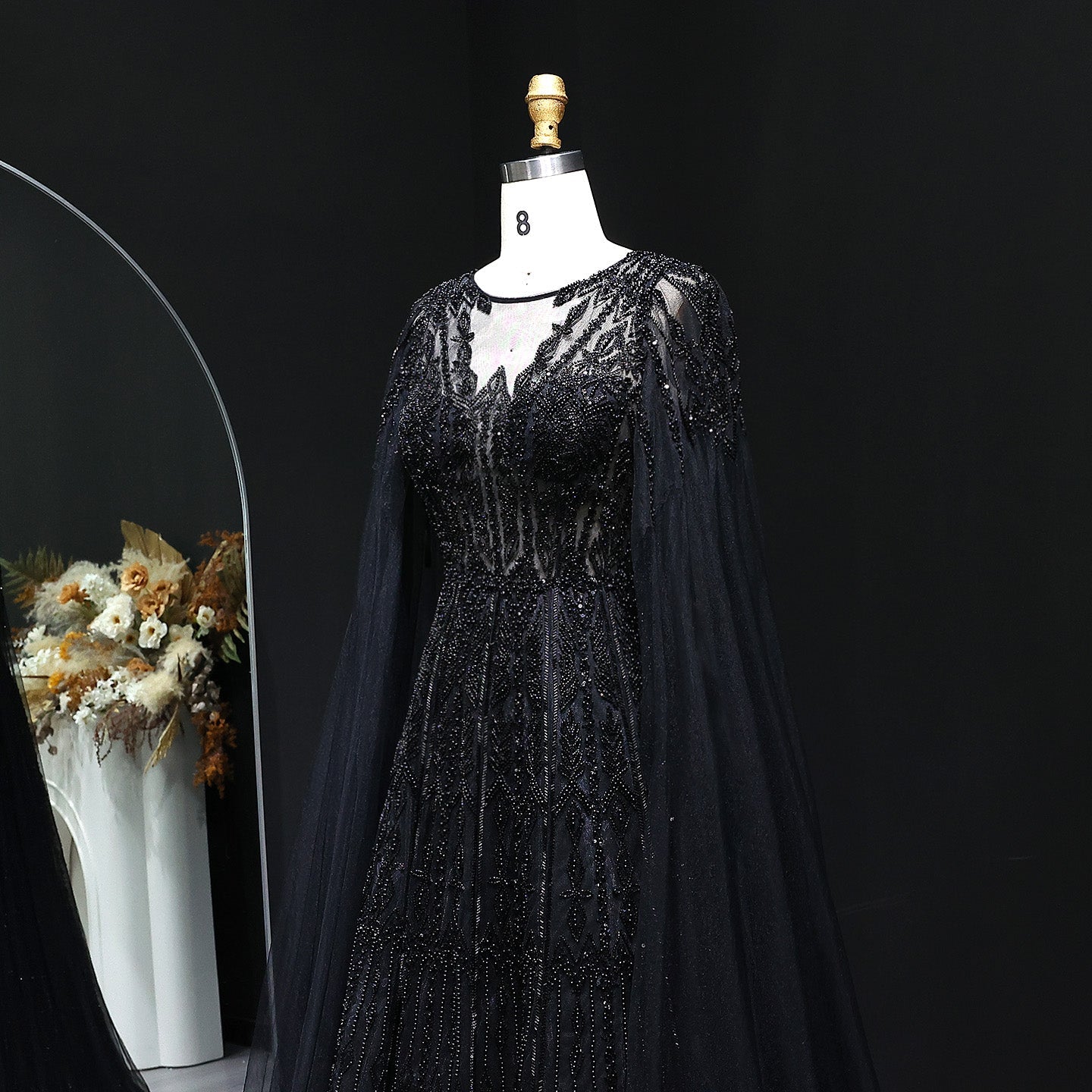 Luxury Blue Evening Dress with Cape Sleeves SS001