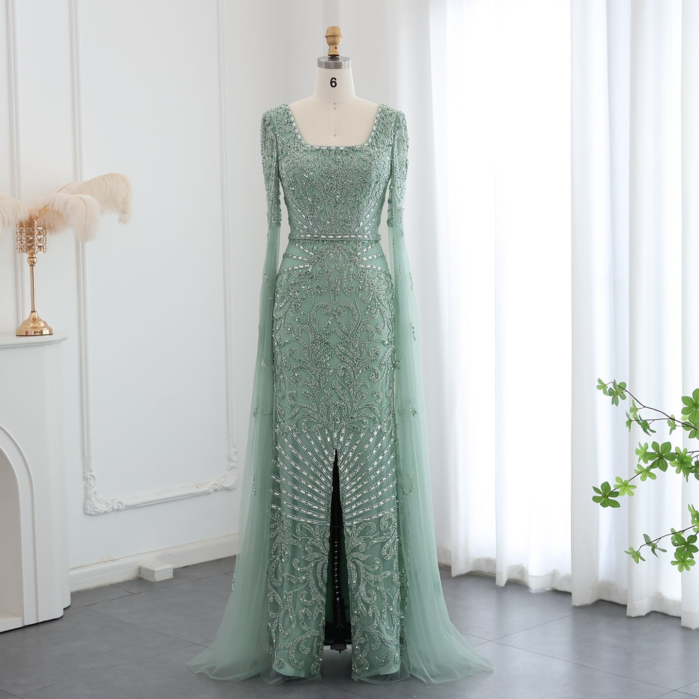 Luxury Turquoise Beaded Mermaid Evening Dress with Cape Sleeves SS469  Sage Green / US 18