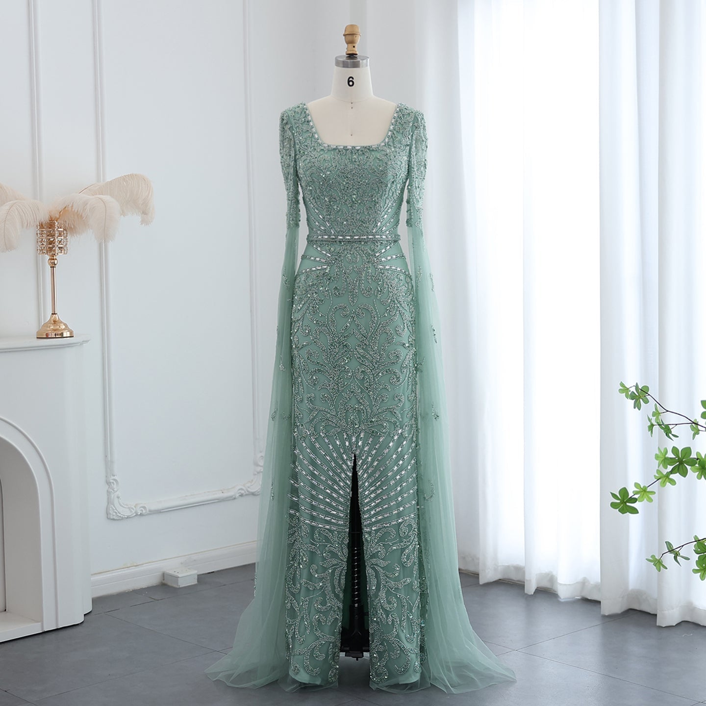 Luxury Turquoise Beaded Mermaid Evening Dress with Cape Sleeves SS469