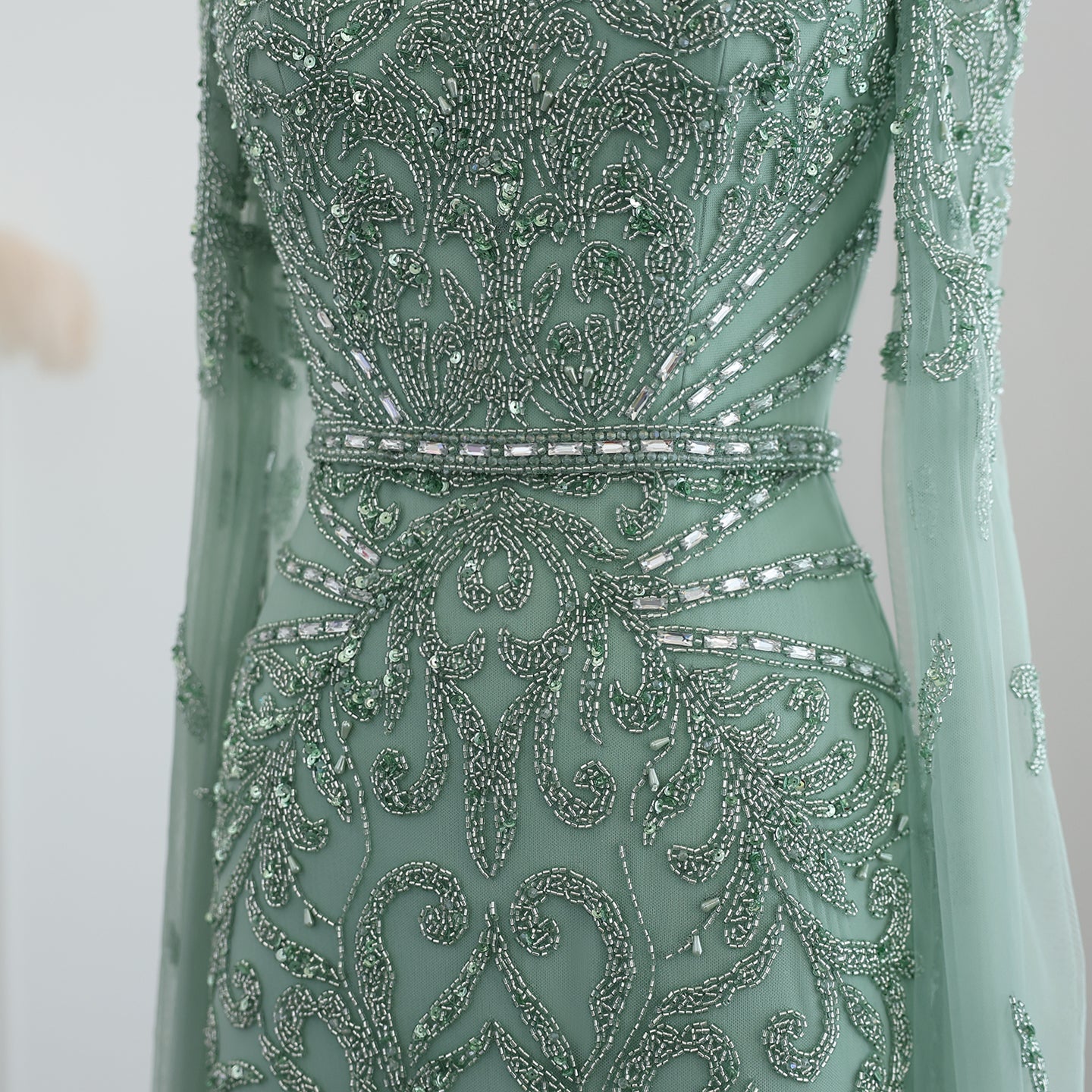 Luxury Turquoise Beaded Mermaid Evening Dress with Cape Sleeves SS469