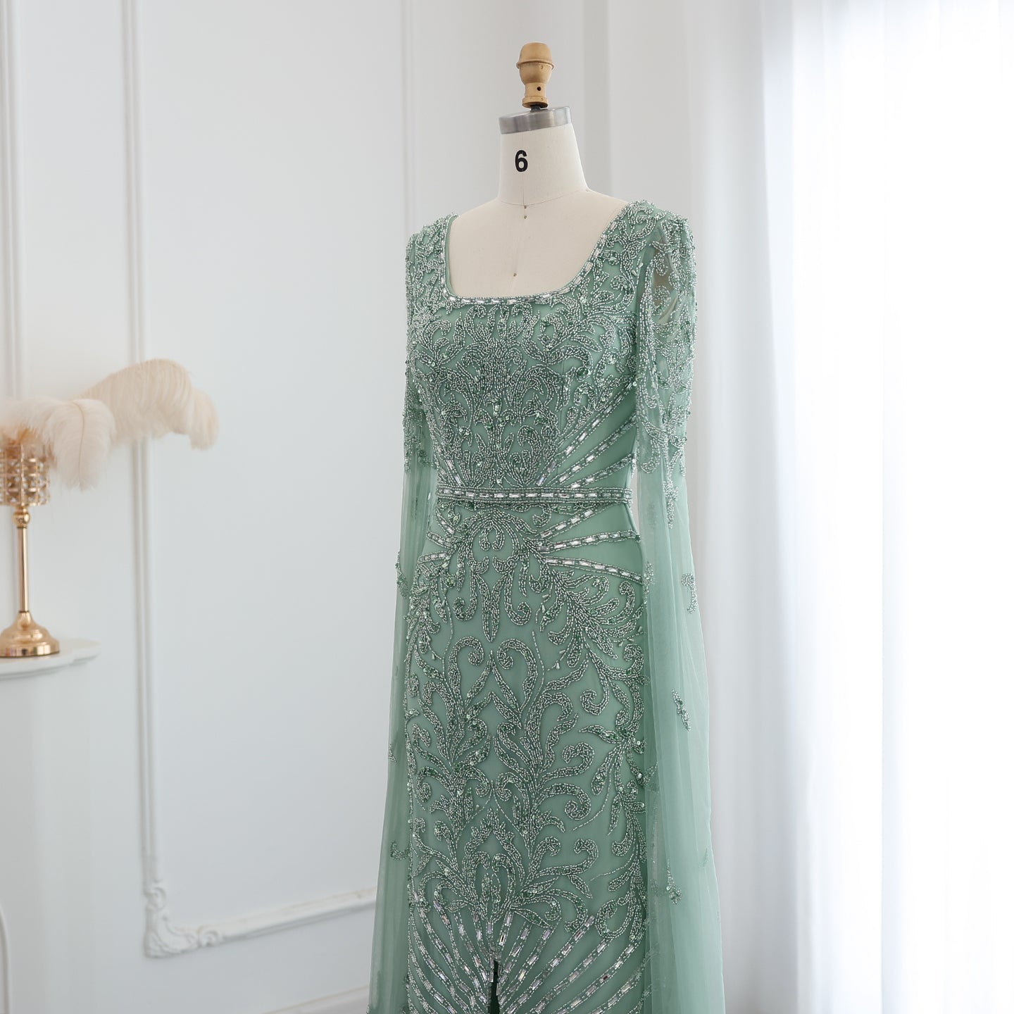 Luxury Turquoise Beaded Mermaid Evening Dress with Cape Sleeves SS469