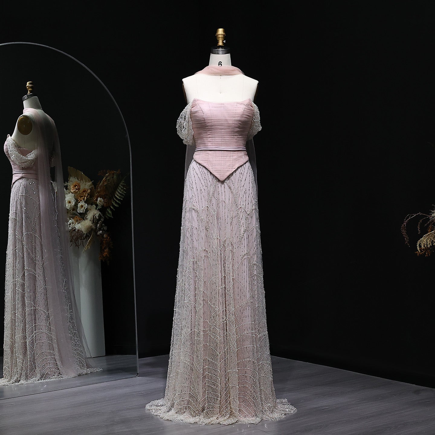 Romantic Beaded Pink Off Shoulder Evening Dress with Scarf SS766