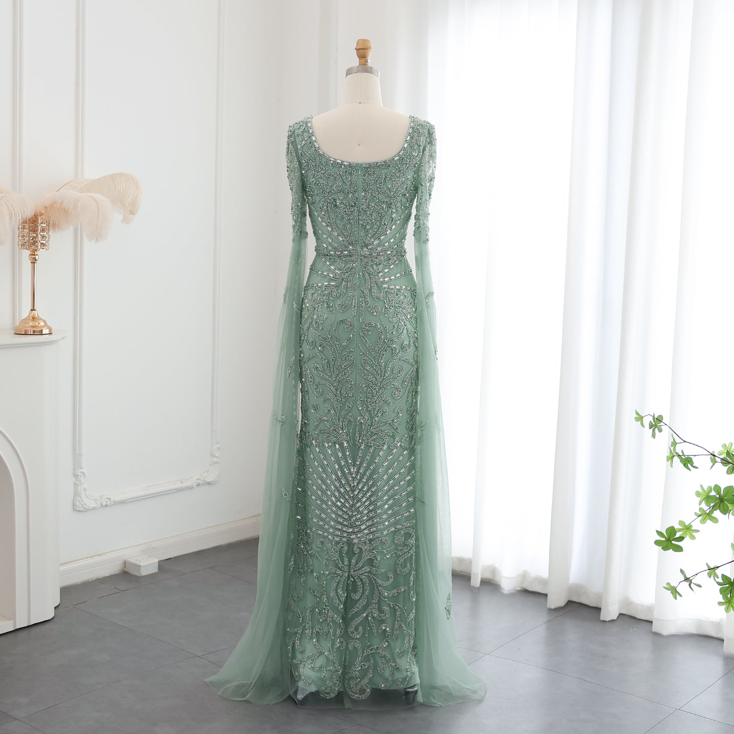 Luxury Turquoise Beaded Mermaid Evening Dress with Cape Sleeves SS469