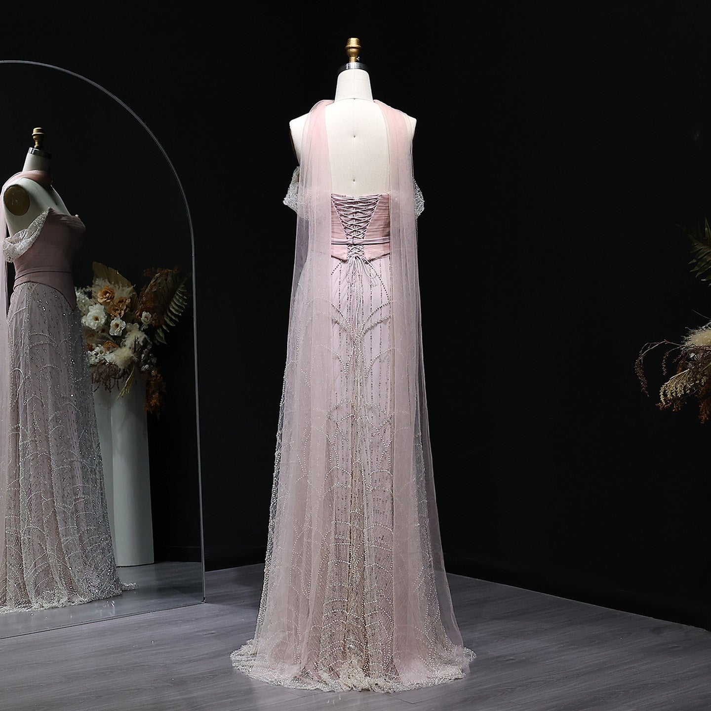 Romantic Beaded Pink Off Shoulder Evening Dress with Scarf SS766