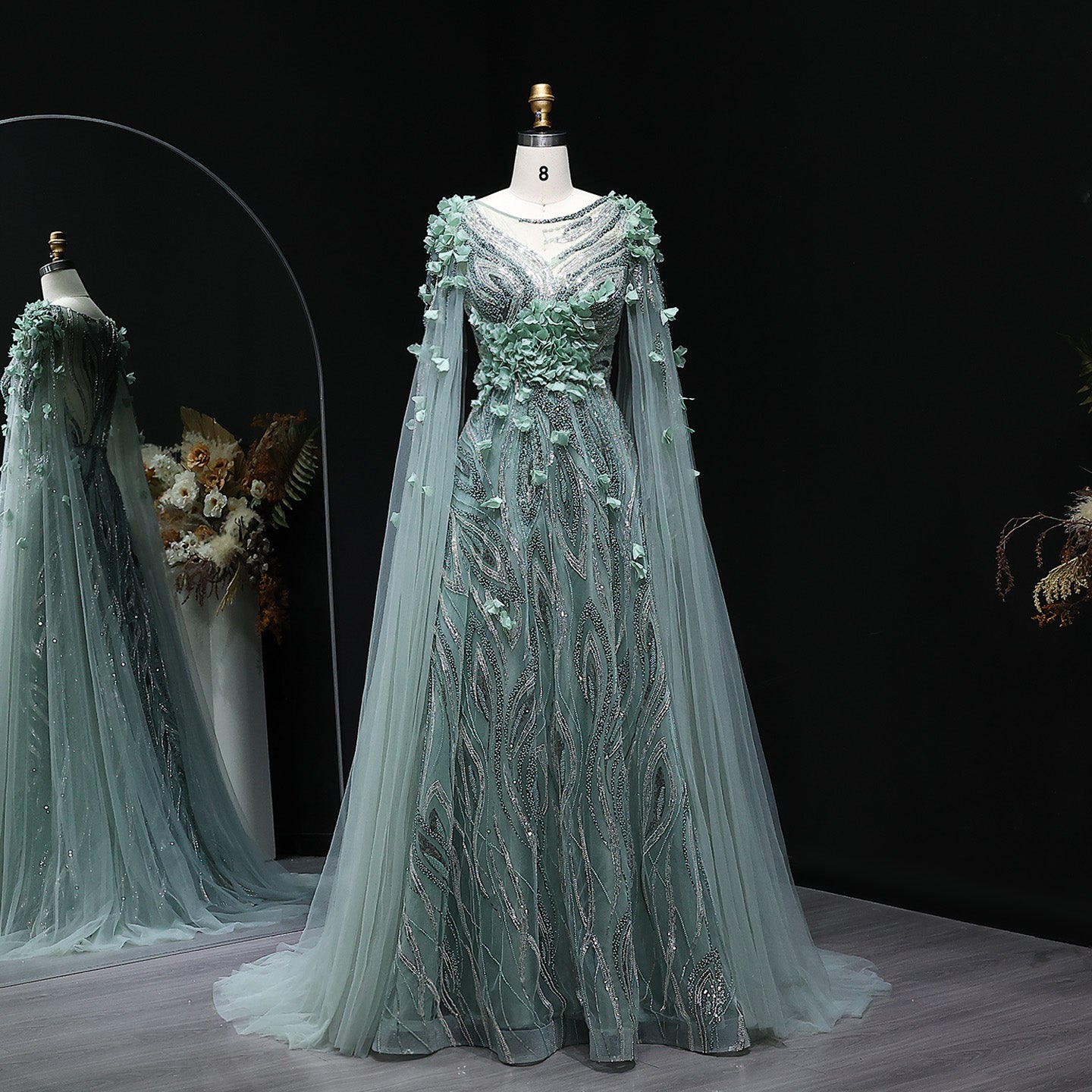 Luxury 3D flowers Purple Beaded Evening Dress with Scarf SS060