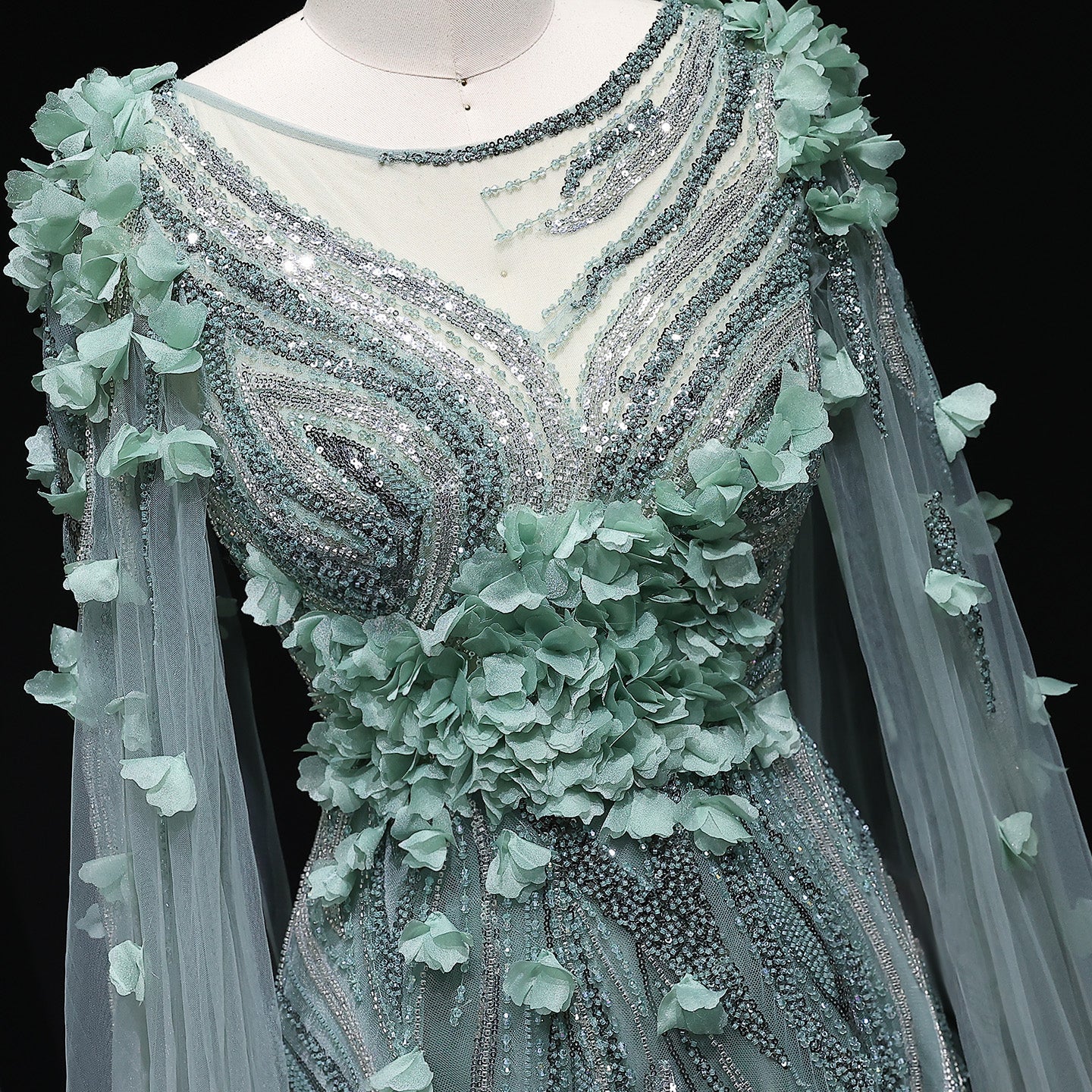 Luxury 3D flowers Purple Beaded Evening Dress with Scarf SS060