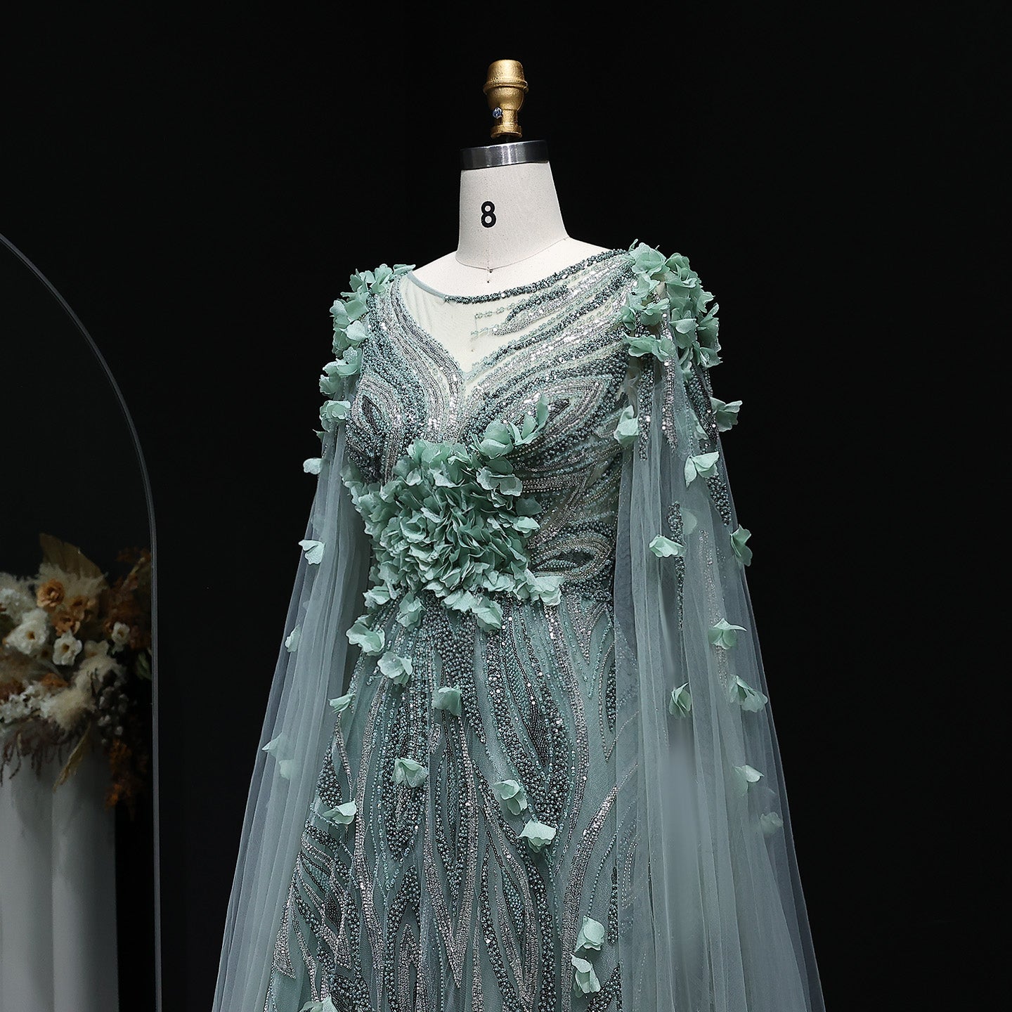 Luxury 3D flowers Purple Beaded Evening Dress with Scarf SS060