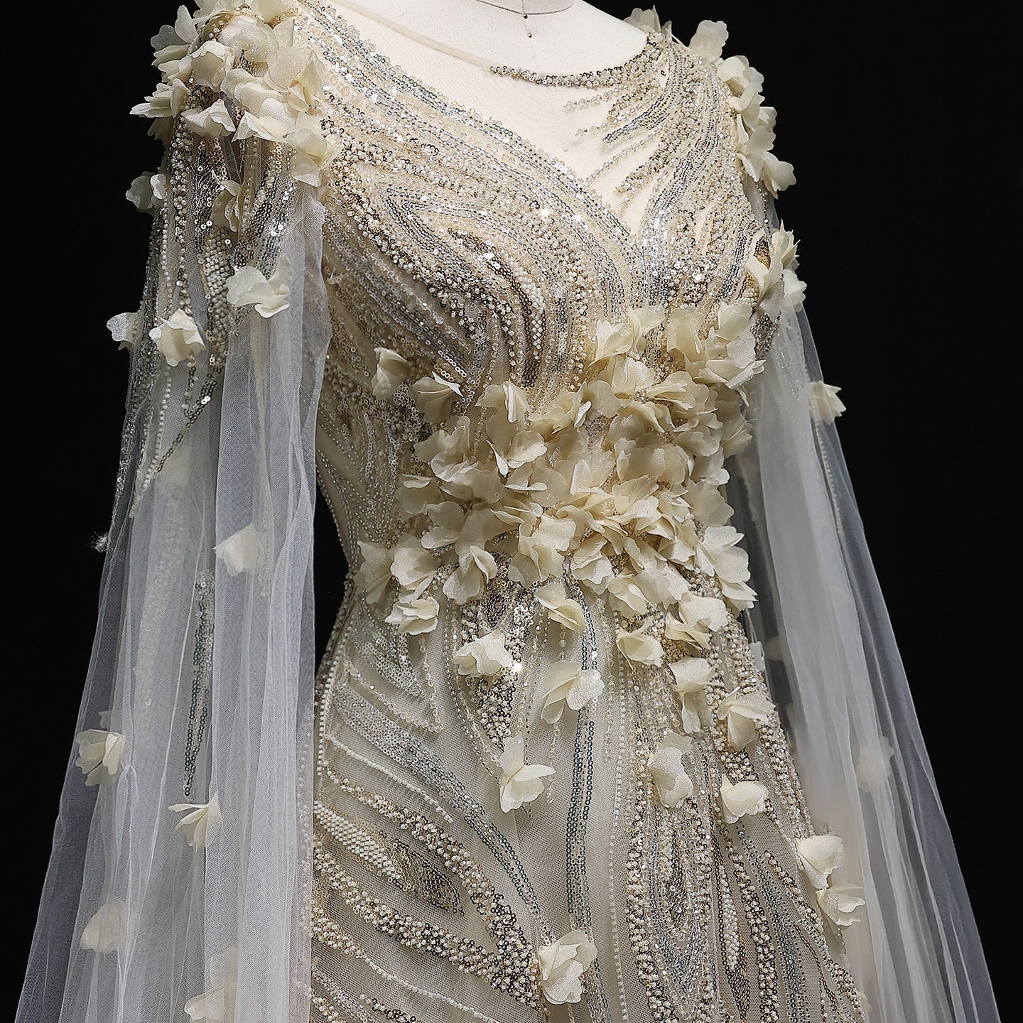 Luxury 3D flowers Purple Beaded Evening Dress with Scarf SS060