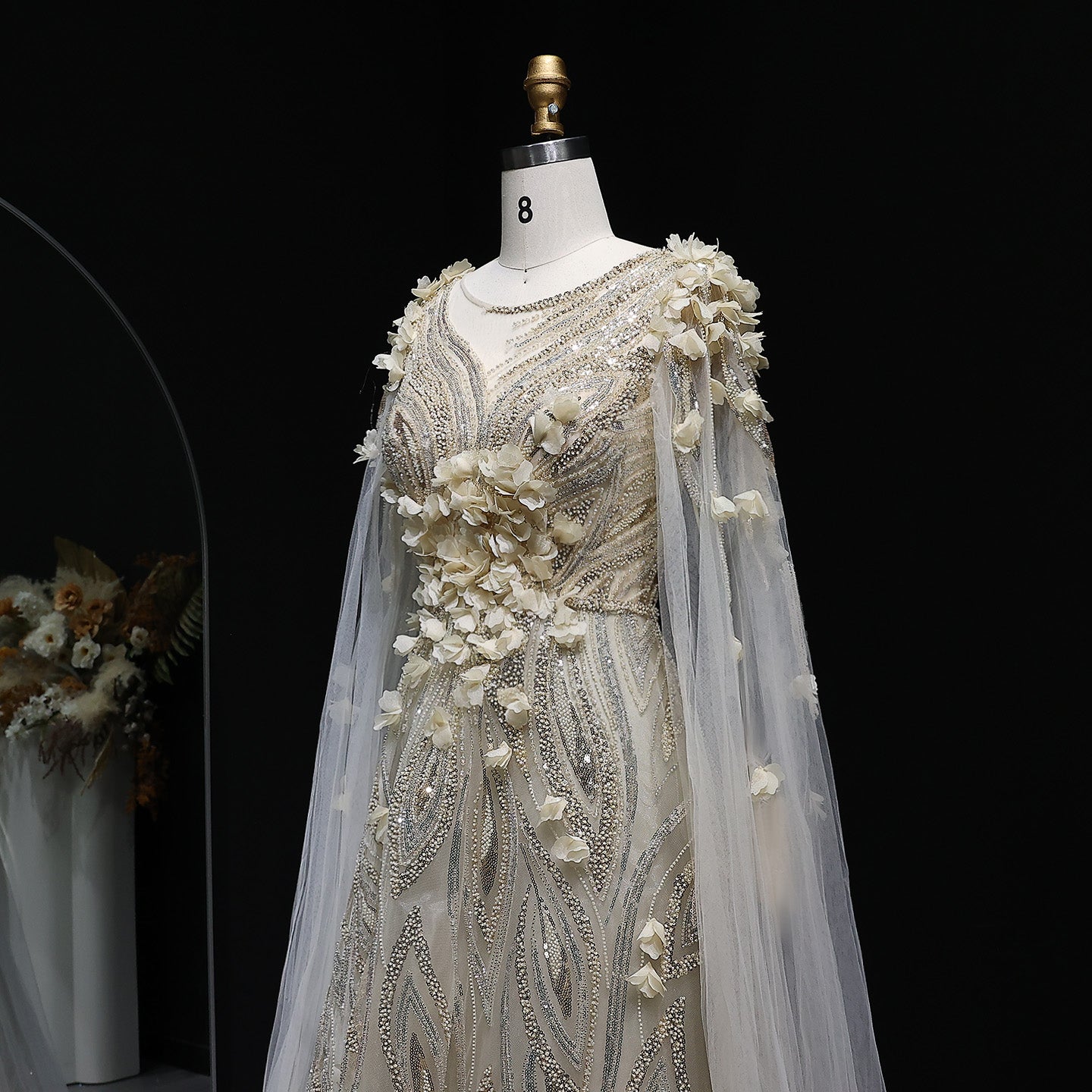 Luxury 3D flowers Purple Beaded Evening Dress with Scarf SS060