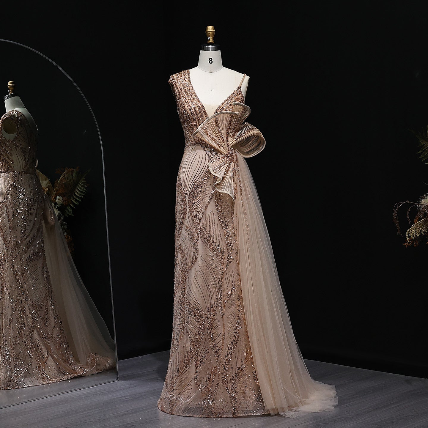 Luxury Beaded 3D Floral Evening Dress with Overskirt SS062