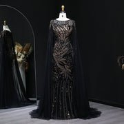 Luxury Blue Beaded Arabic Evening Dress with Cape Sleeve SS057  Black / US 20