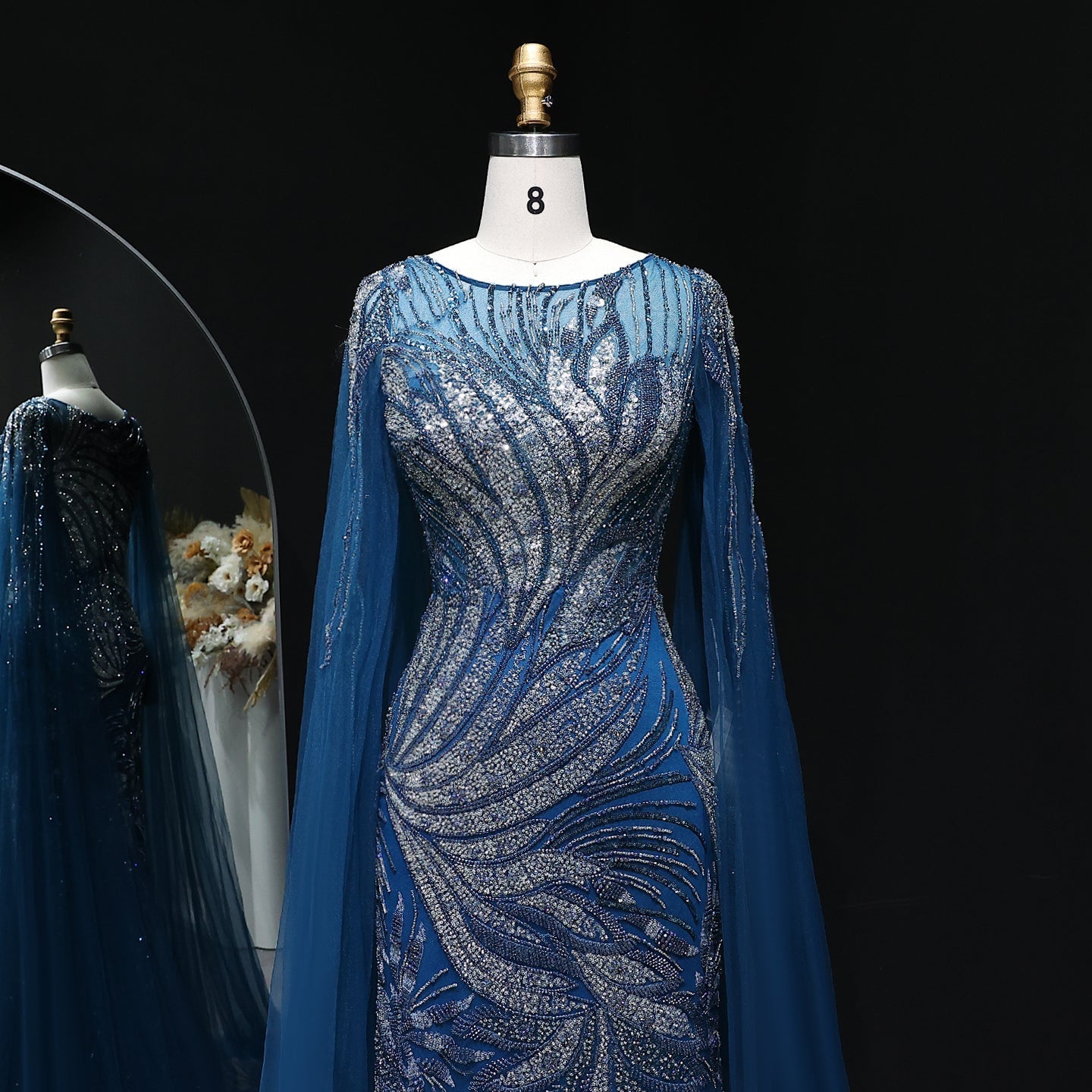 Luxury Blue Beaded Arabic Evening Dress with Cape Sleeve SS057