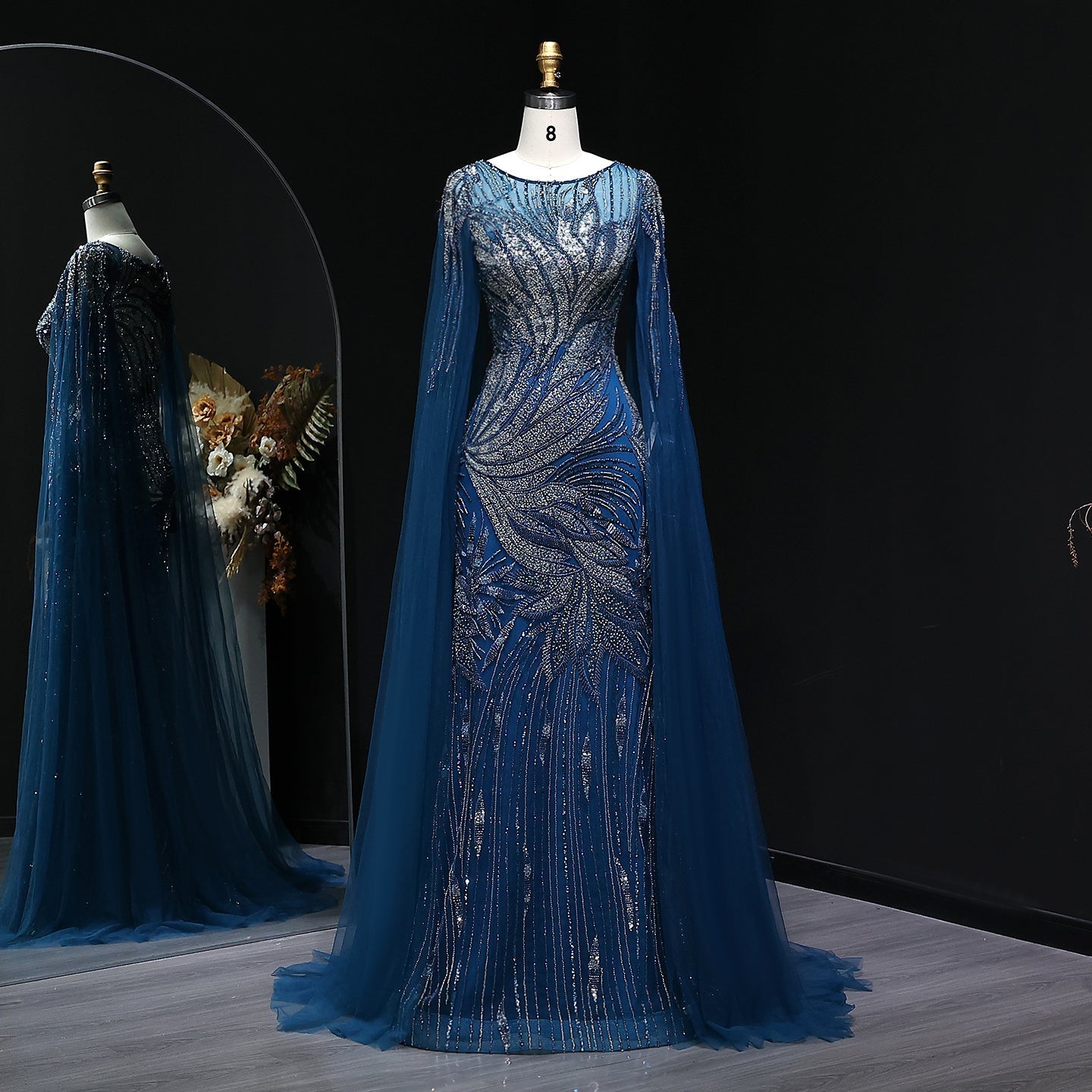 Luxury Blue Beaded Arabic Evening Dress with Cape Sleeve SS057  Blue / US 20