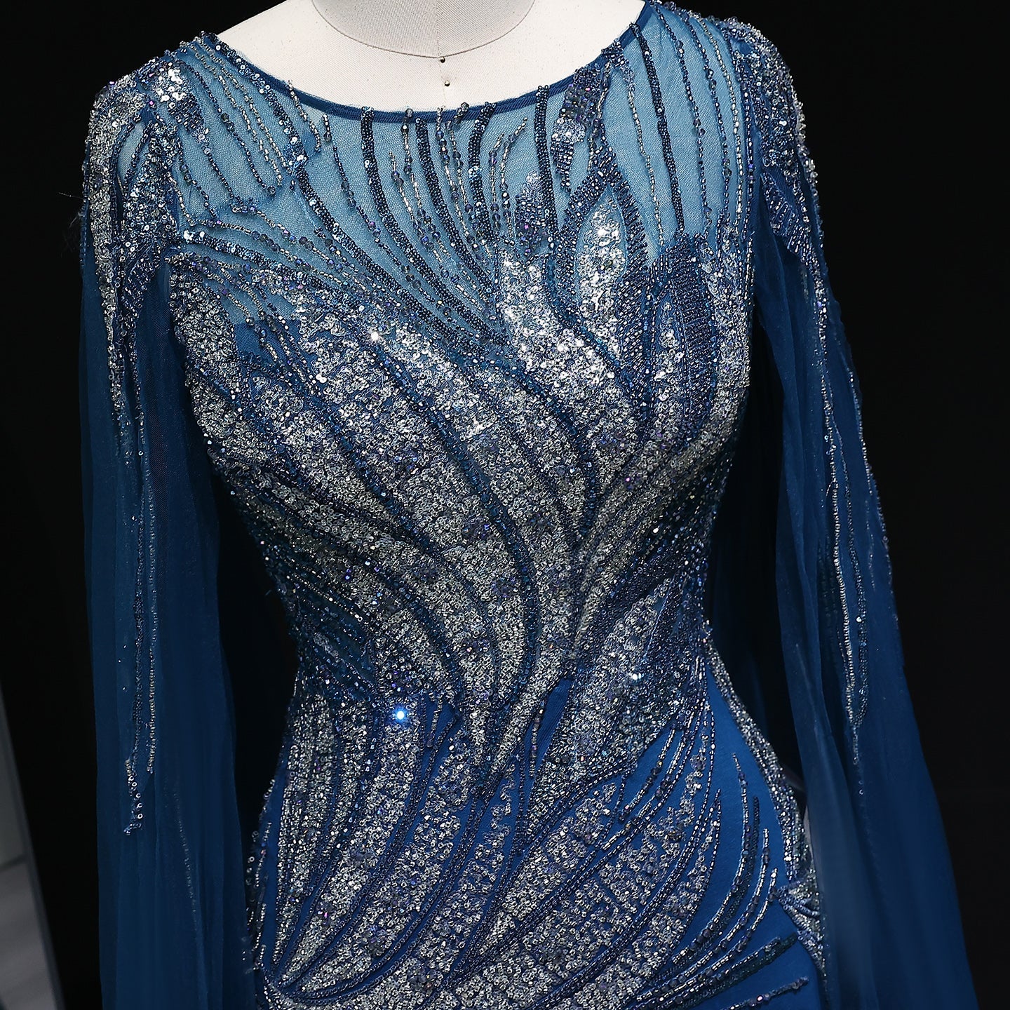 Luxury Blue Beaded Arabic Evening Dress with Cape Sleeve SS057