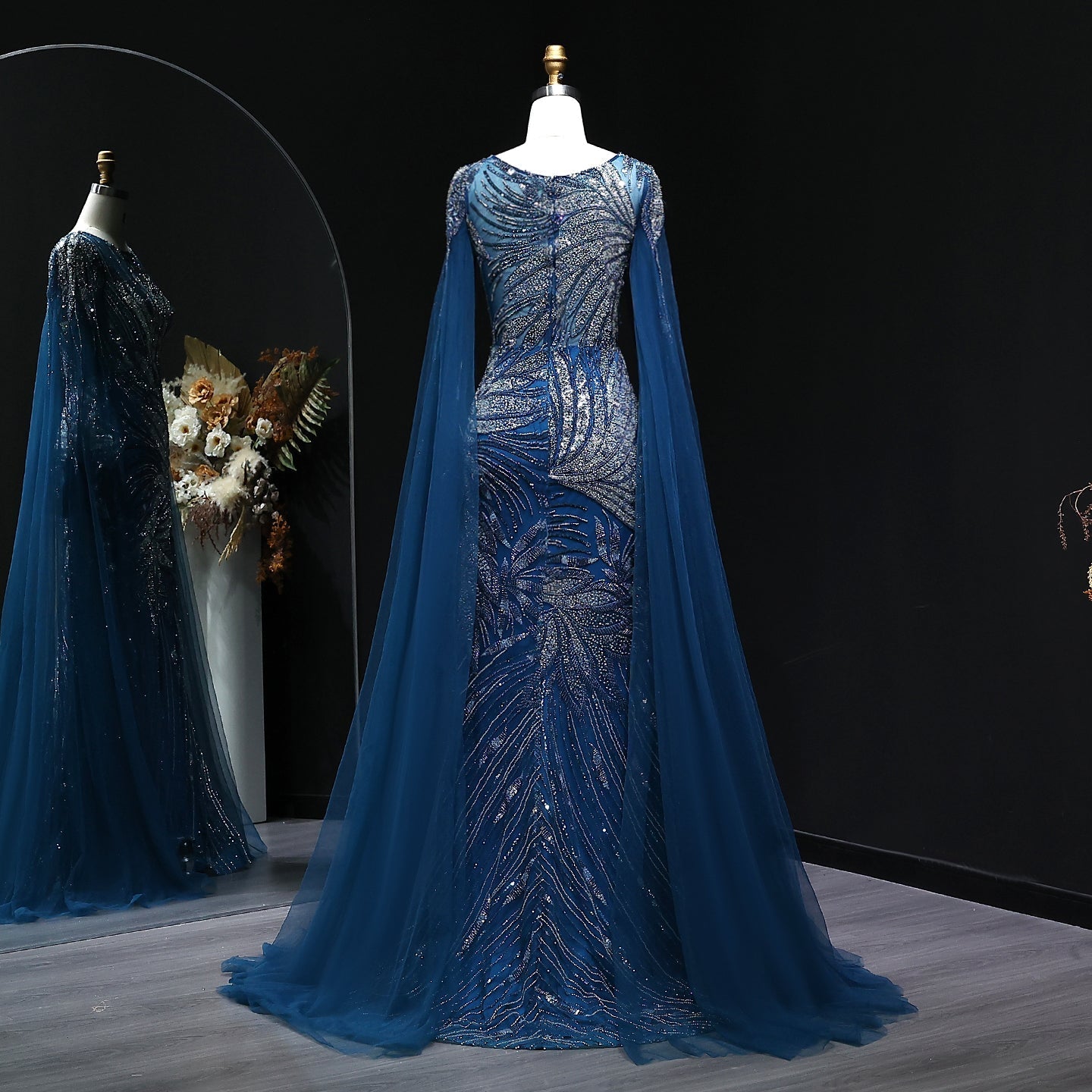 Luxury Blue Beaded Arabic Evening Dress with Cape Sleeve SS057