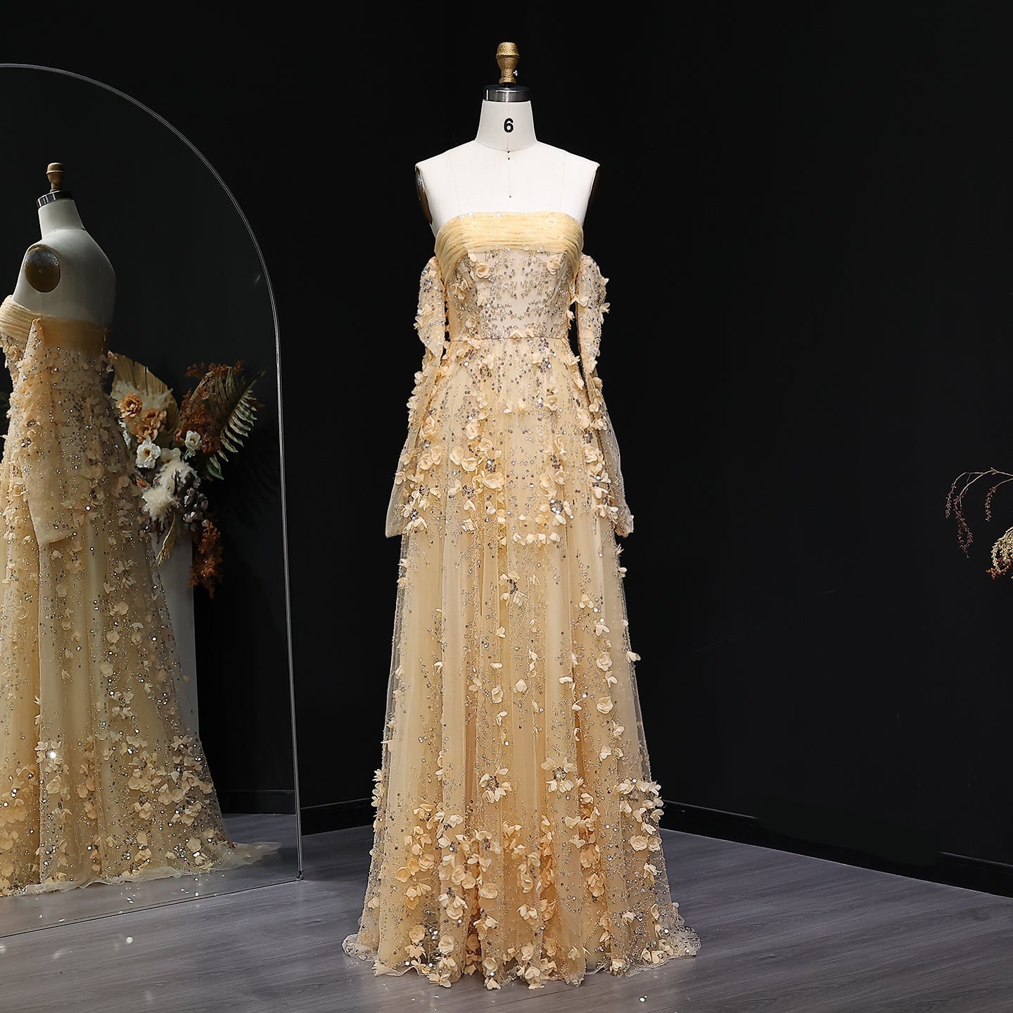 Elegant Pink 3D Flowers Evening Dress with Long Sleeves SS344  Gold / US 20