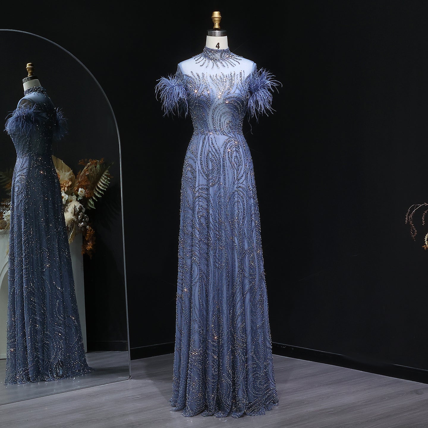 Luxury High Neck Blue Feathers Evening Dress SS660 