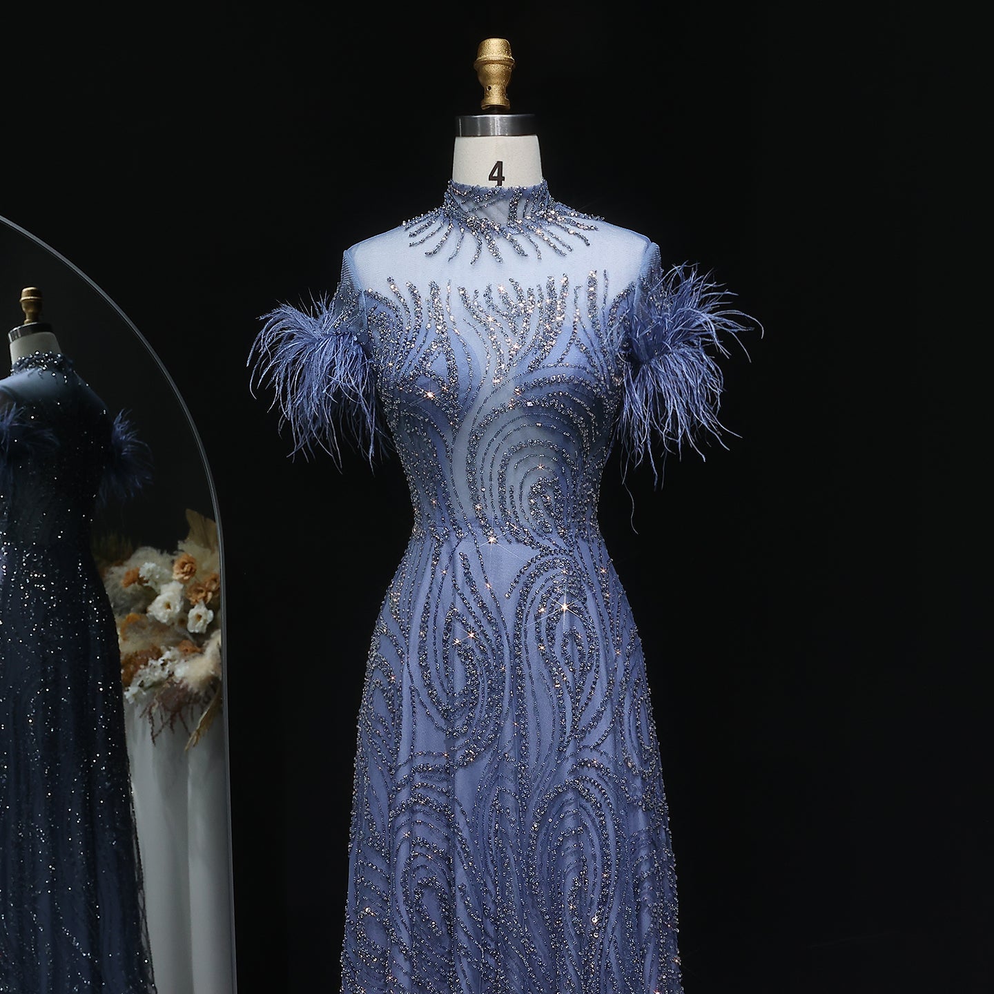 Luxury High Neck Blue Feathers Evening Dress SS660 