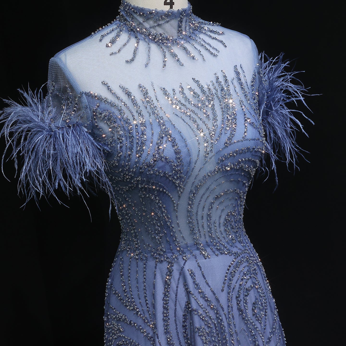 Luxury High Neck Blue Feathers Evening Dress SS660 