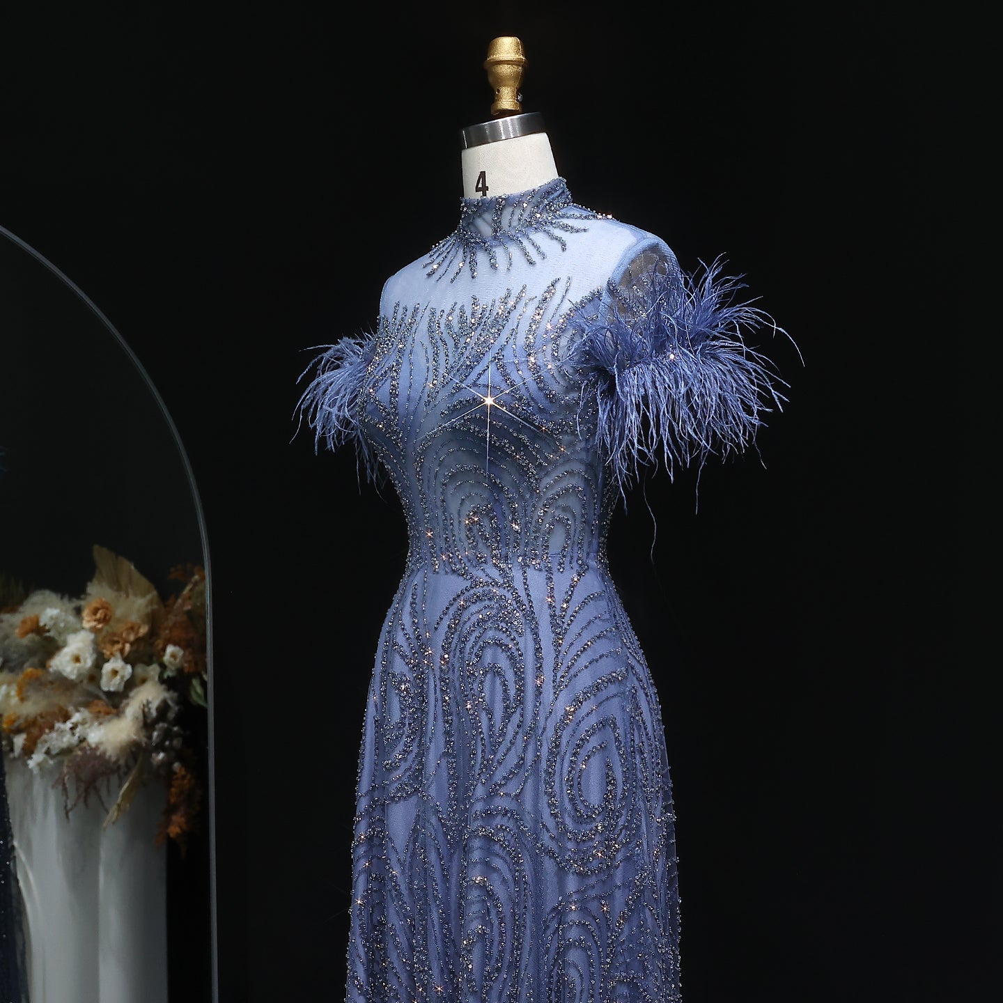 Luxury High Neck Blue Feathers Evening Dress SS660 