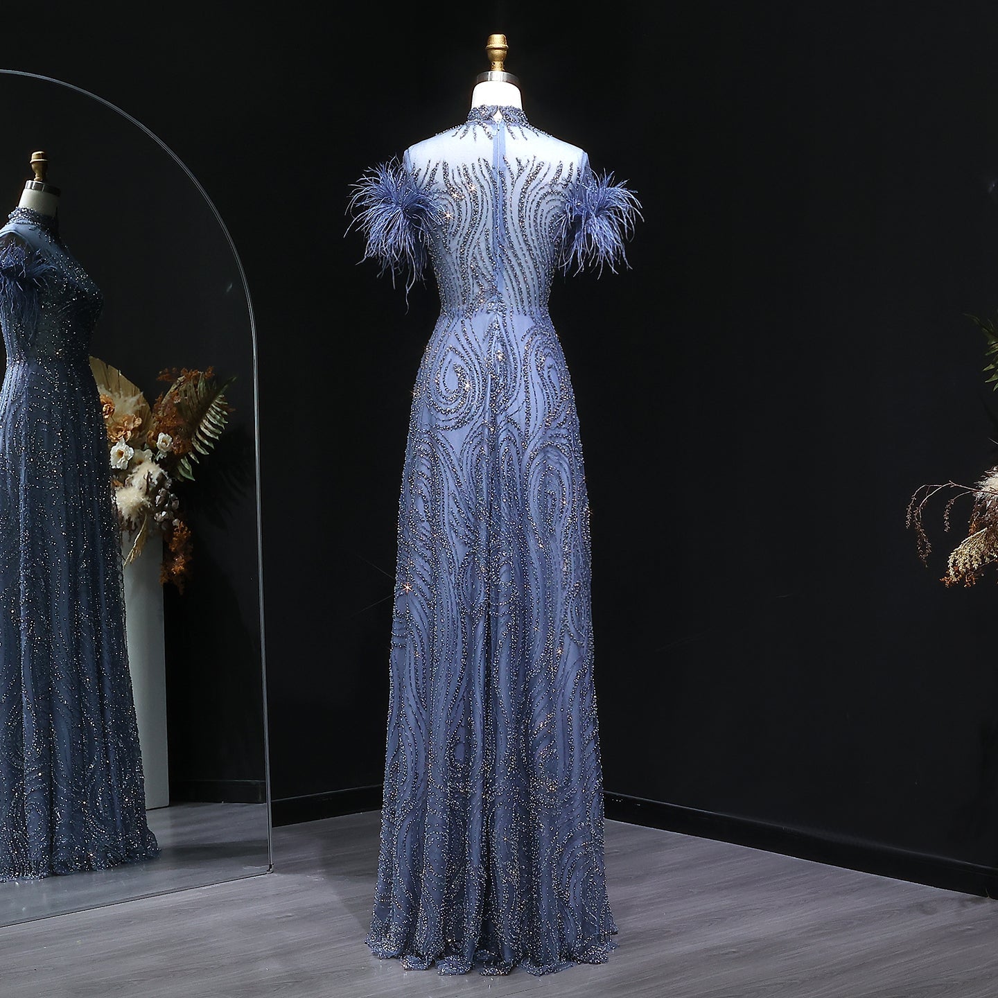 Luxury High Neck Blue Feathers Evening Dress SS660 