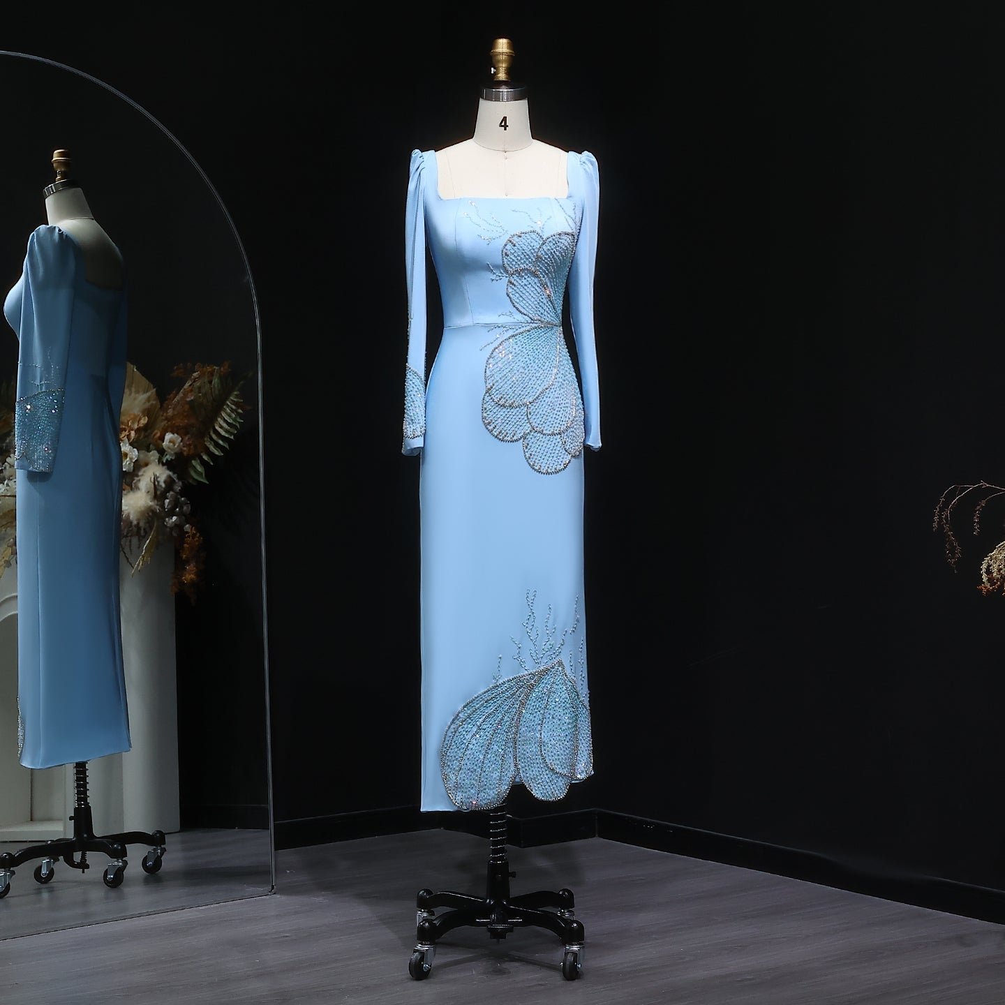 Elegant Pink Butterfly Beaded Long Sleeves Evening Dress SS262  Blue / US 16