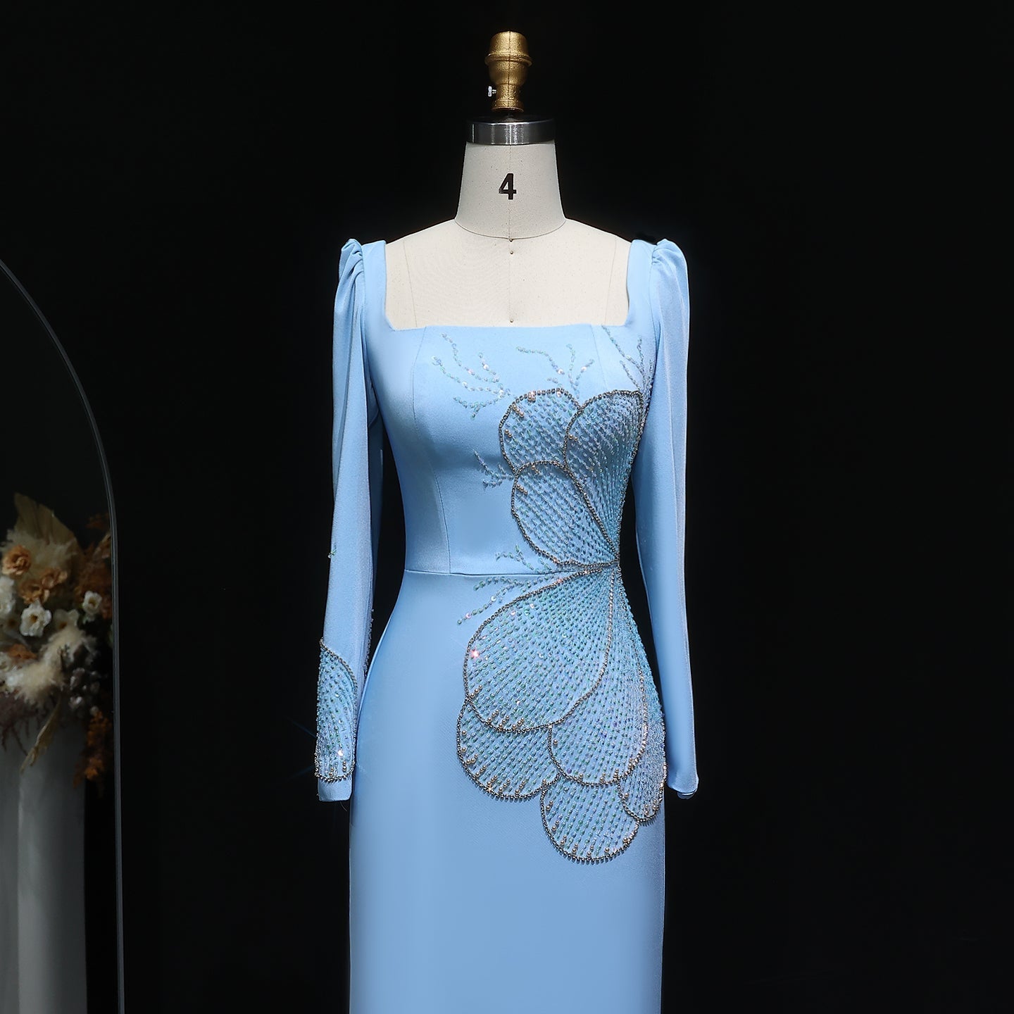 Elegant Pink Butterfly Beaded Long Sleeves Evening Dress SS262