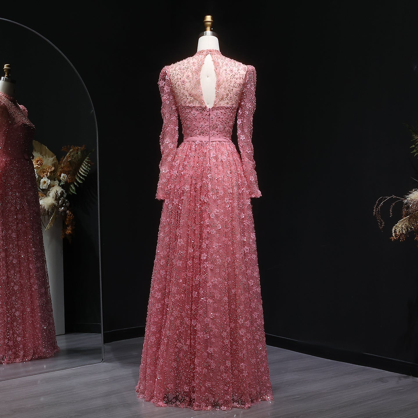 Luxury Delicate Pink 3D Floral Evening Dress with ruffles SS700