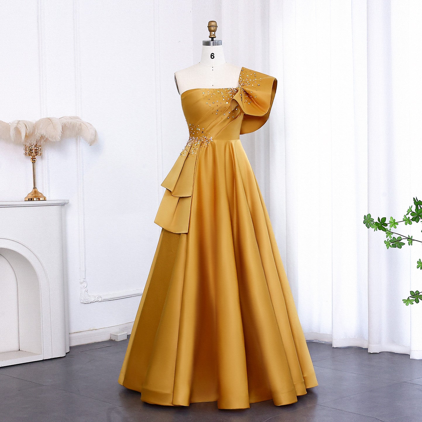Elegant Gold One Shoulder Satin Evening Dress SS592  Gold / US 18