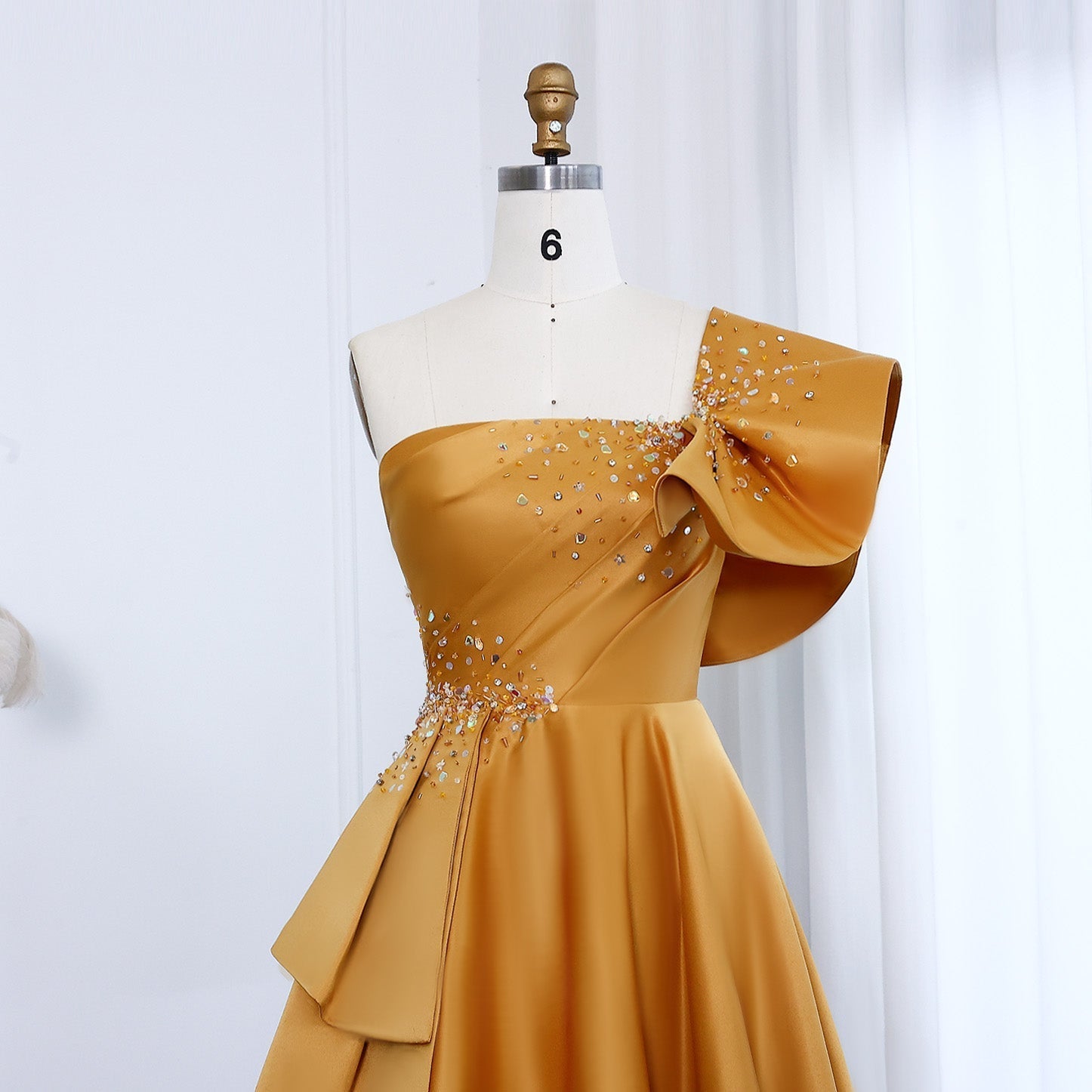 Elegant Gold One Shoulder Satin Evening Dress SS592