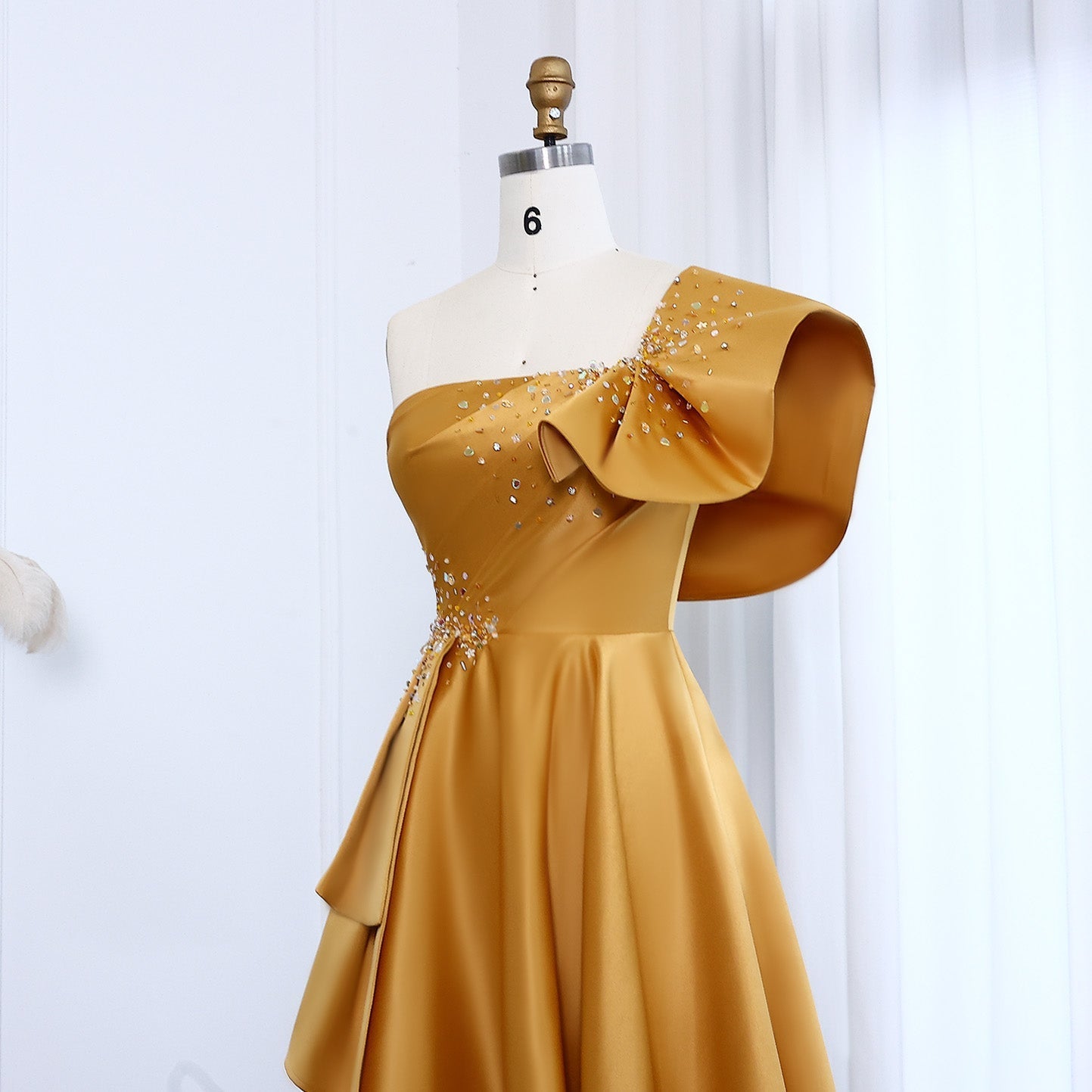 Elegant Gold One Shoulder Satin Evening Dress SS592