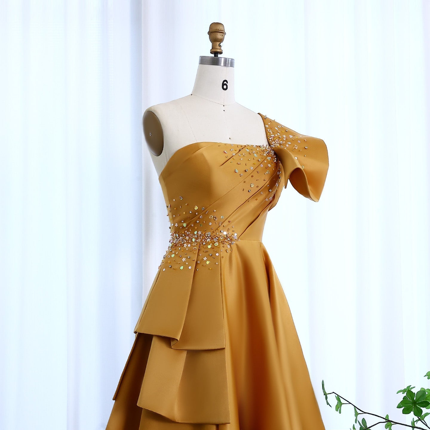 Elegant Gold One Shoulder Satin Evening Dress SS592