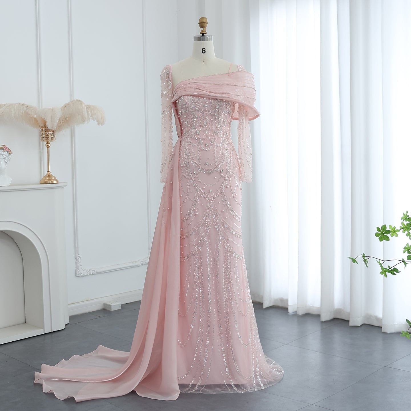 Luxury Nude Crystal Evening Dress with Overskirt SS256  Pink / US 20
