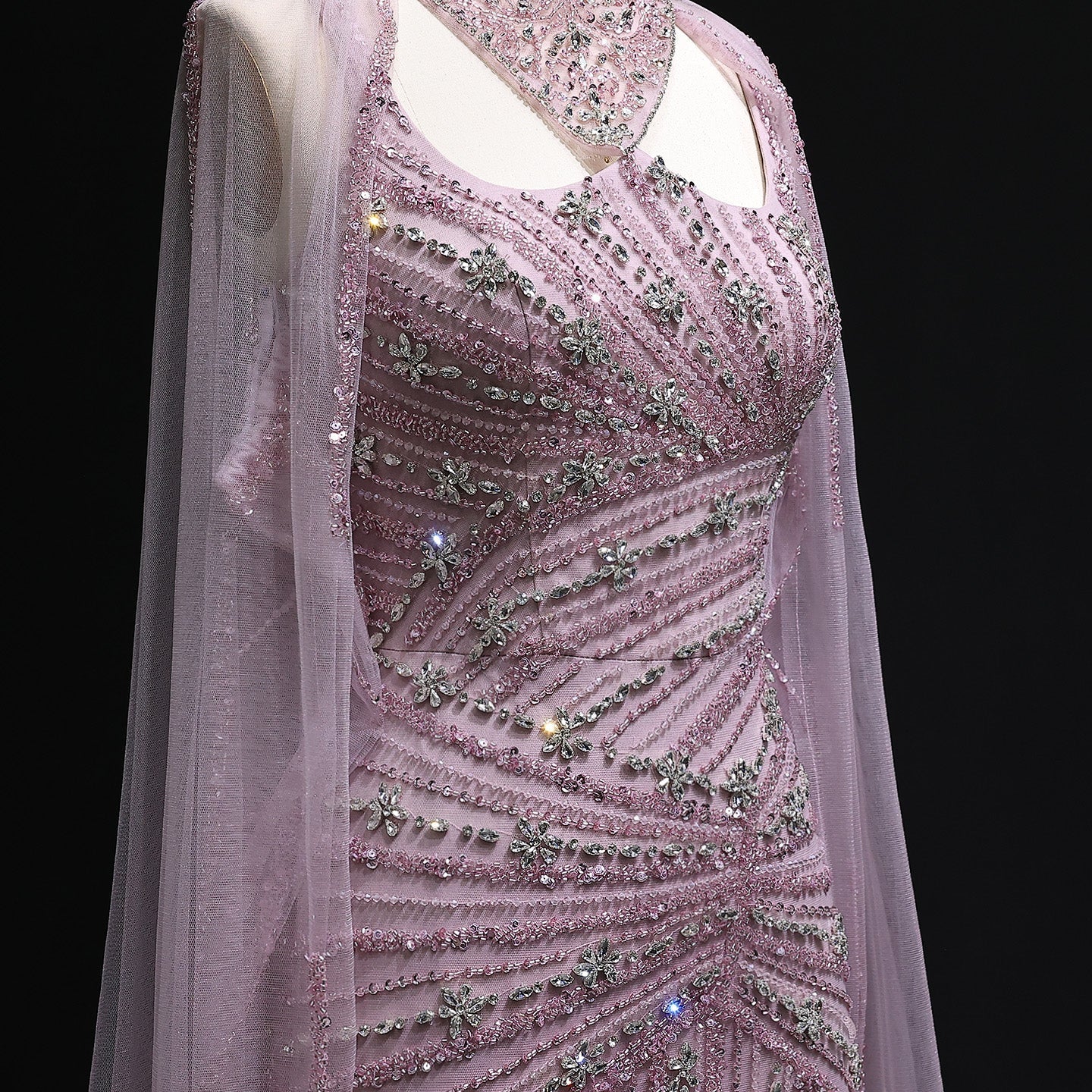 Luxury Champagne Beaded Mermaid Evening Dress with Cape Sleeves SS149