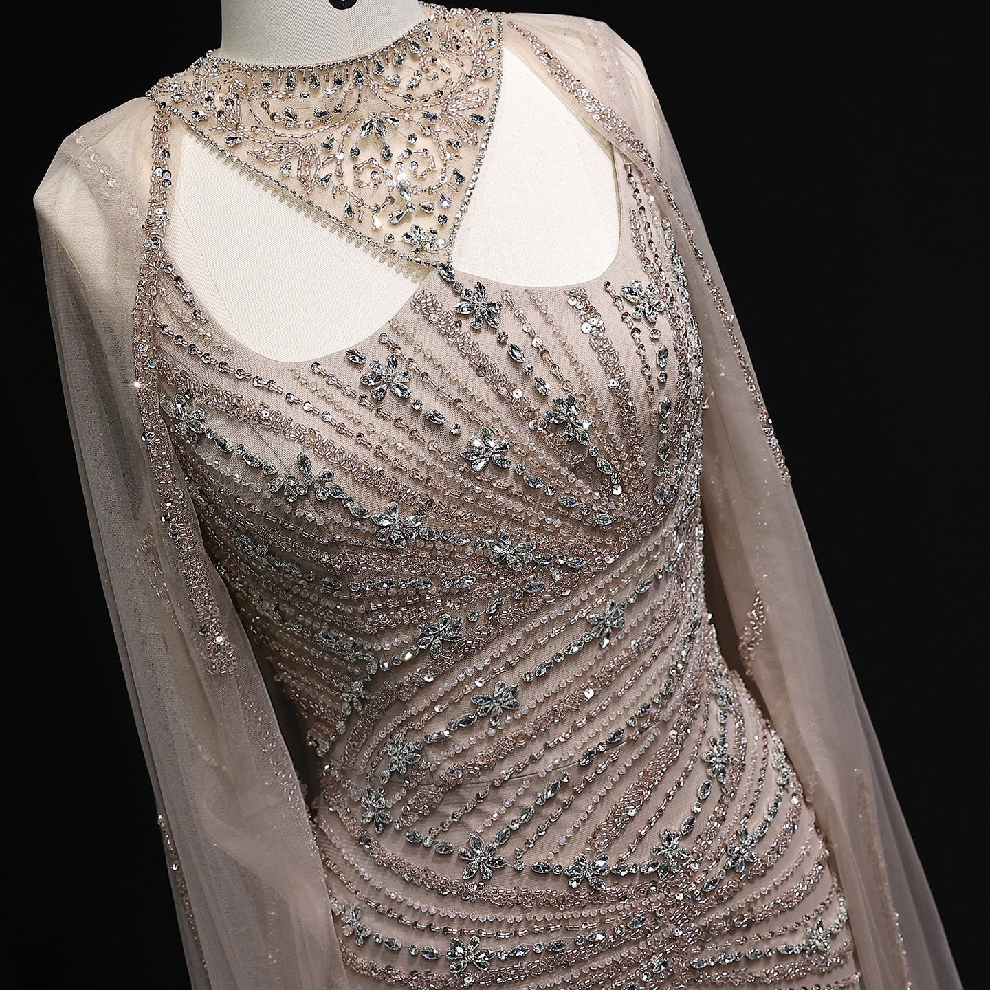 Luxury Champagne Beaded Mermaid Evening Dress with Cape Sleeves SS149