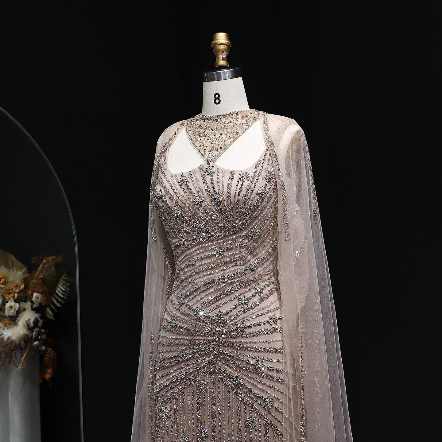 Luxury Champagne Beaded Mermaid Evening Dress with Cape Sleeves SS149